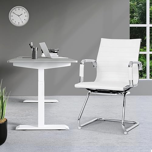 Miniatura 2 de Athena Collection Juego de 2 sillas de escritorio sin ruedas, de piel sintética, con reposabrazos de base de trineo, sillones de recepción laterales