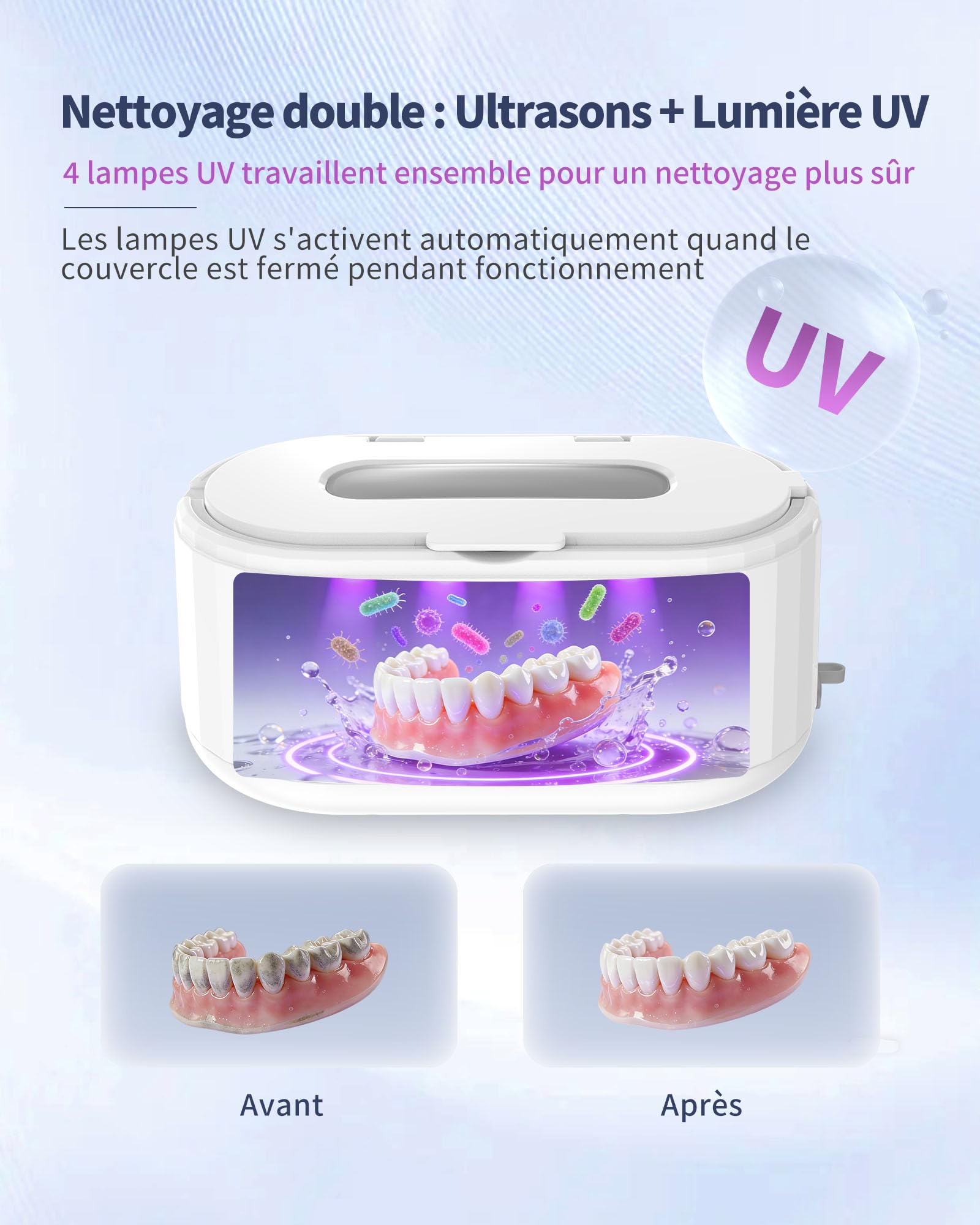Nettoyeur Ultrasons, 50 kHz UV Ultrasonic Cleaner, Bac a Ultrason 5 Modes de Nettoyage, Nettoyeur Ultrason Bijoux adapté aux Lunettes, Bijoux, Prothèses Dentaires et Outils Cosmétiques