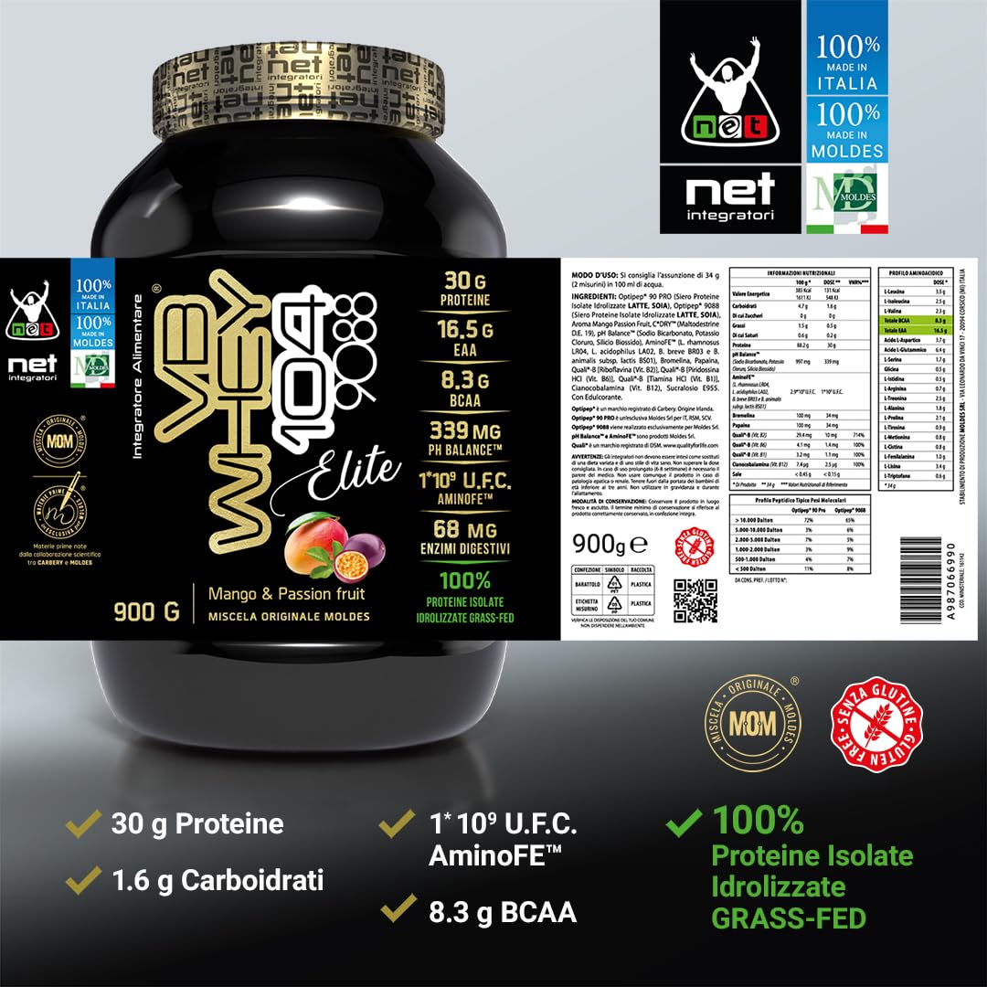 NET Integratori VB WHEY ELITE 104 9.8 Optipep - 900g Mango Passion Fruit - Proteine Isolate Idrolizzate per via Enzimatica Con EAA e BCAA - Crescita e Mantenimento Della Massa Muscolare, Post Workout