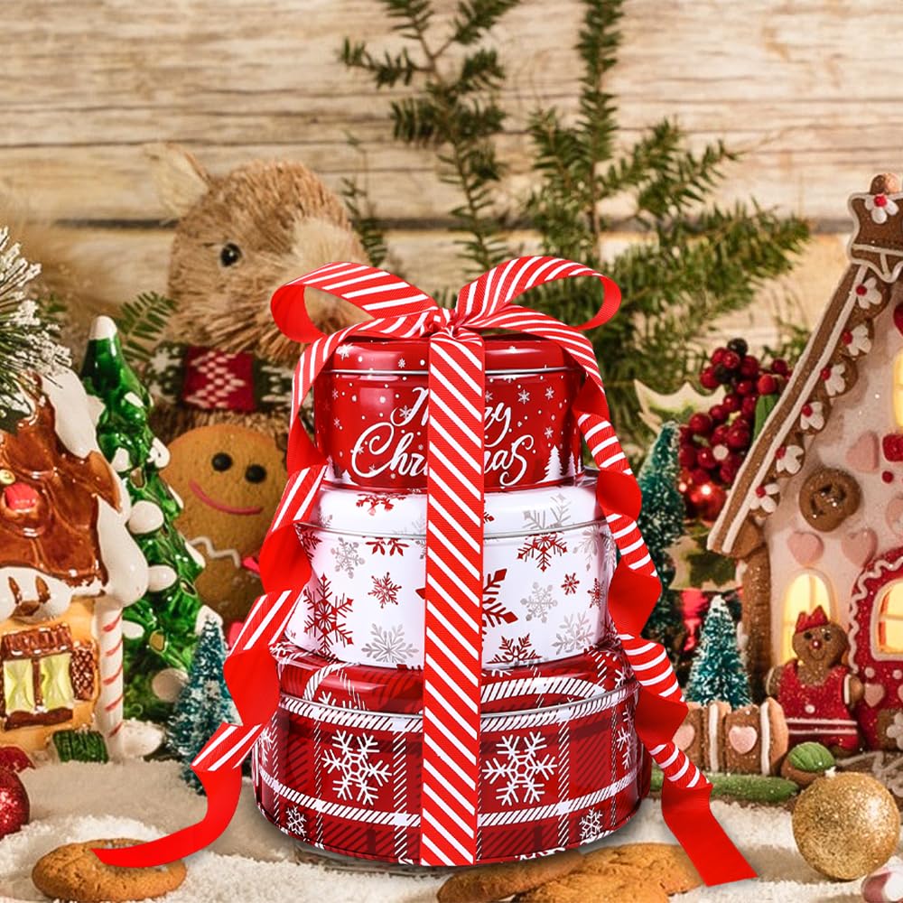 DIYDEC 3 Pack Christmas Cookie Tins Nesting Set - Large, Medium, Small Metal Tins With Lids & Ribbon