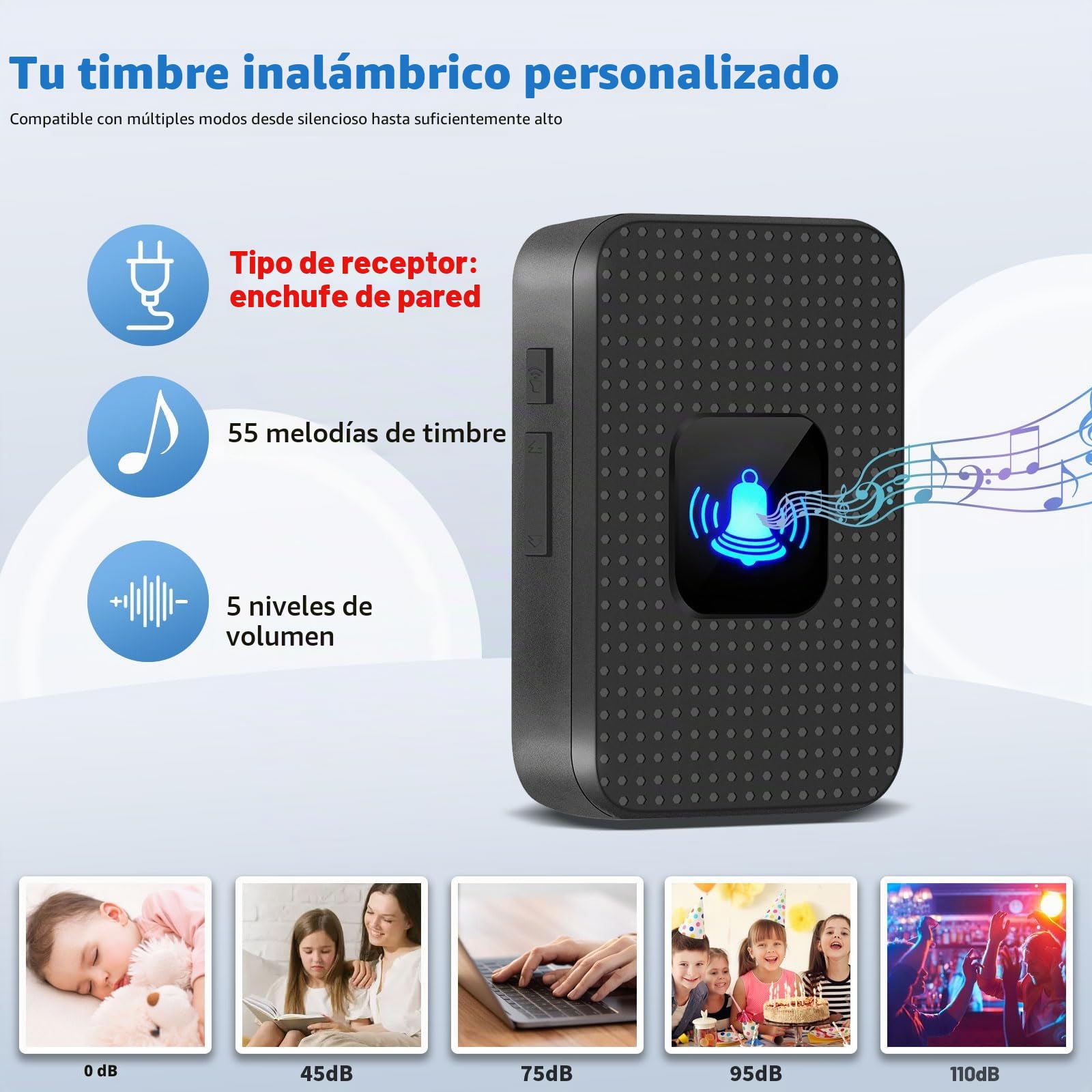 Nestling Timbre Inalámbrico, Kit Timbre Inalámbrico Exterior Impermeable IP55, Alcance 300m, 55 melodías, 5 Niveles de Volumen, LED Azul para Emergencias en el Hogar Oficina, Negro