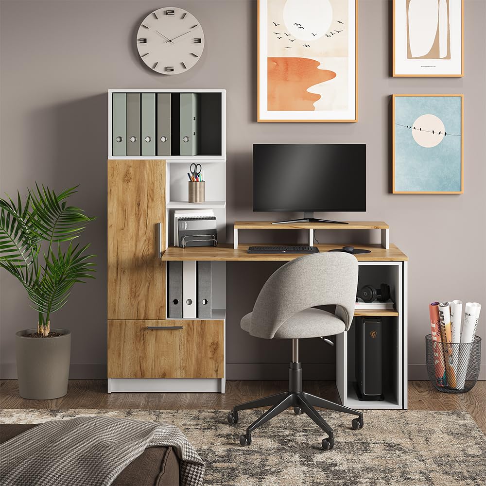 Vicco Monitorständer Tomy, Weiß/Goldkraft Eiche, 80 x 12 cm