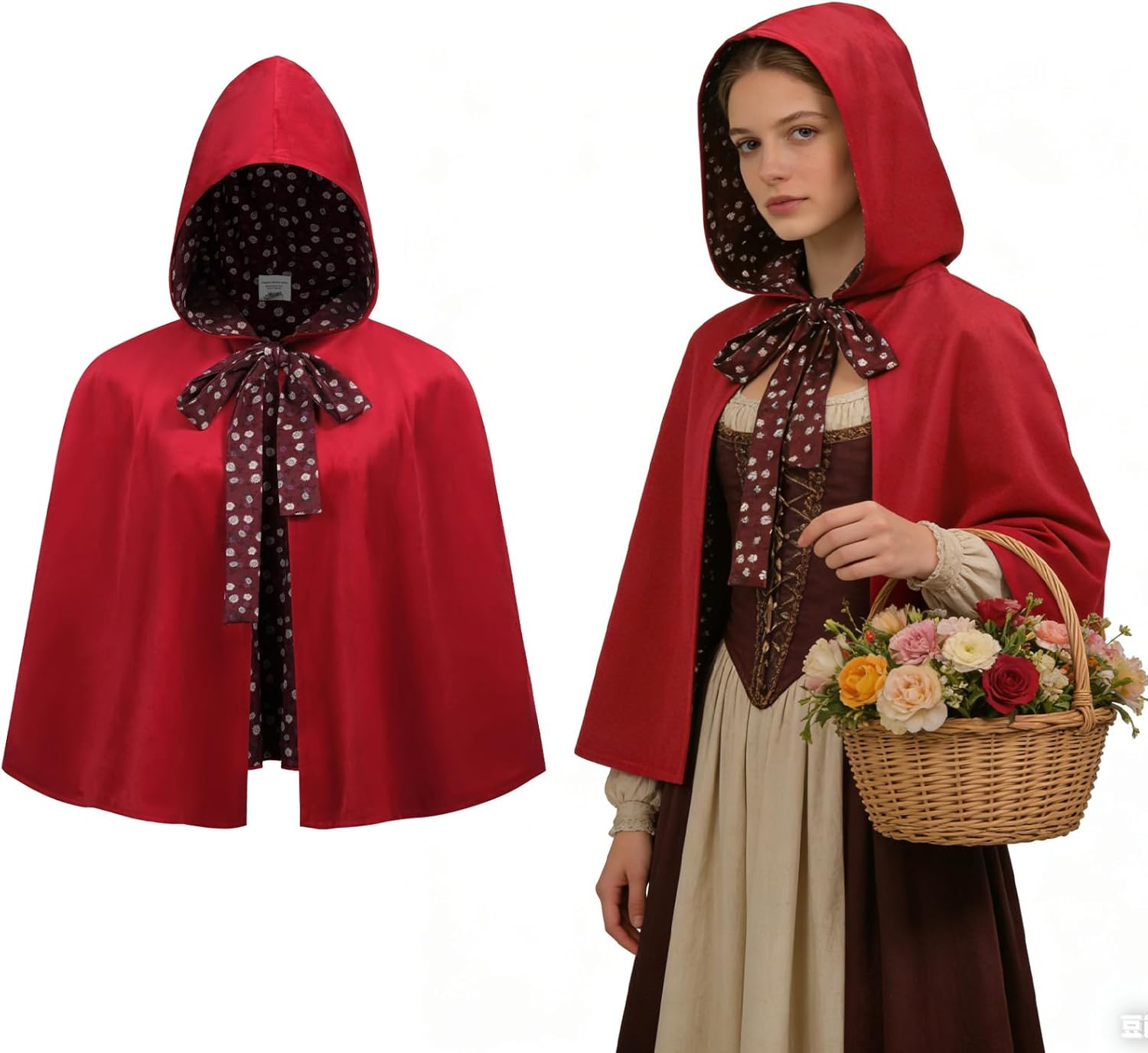 Little Red Riding Hood Cape Women,Red Velvet Hood Cape Short,Halloween Christmas Cloak Costume