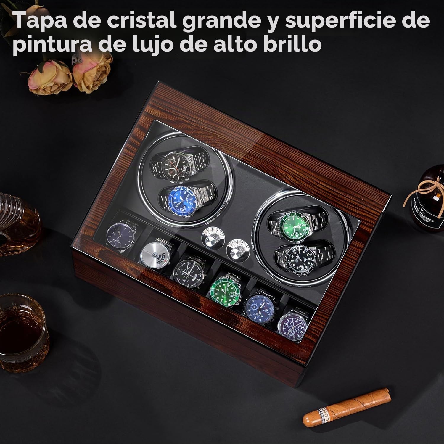 BEWISHOME Caja Giratoria para Relojes Automáticos con Luz LED, 4 Cajas y 6 Compartimentos, Motor Silencioso, Watch Winder ESYQ01Y