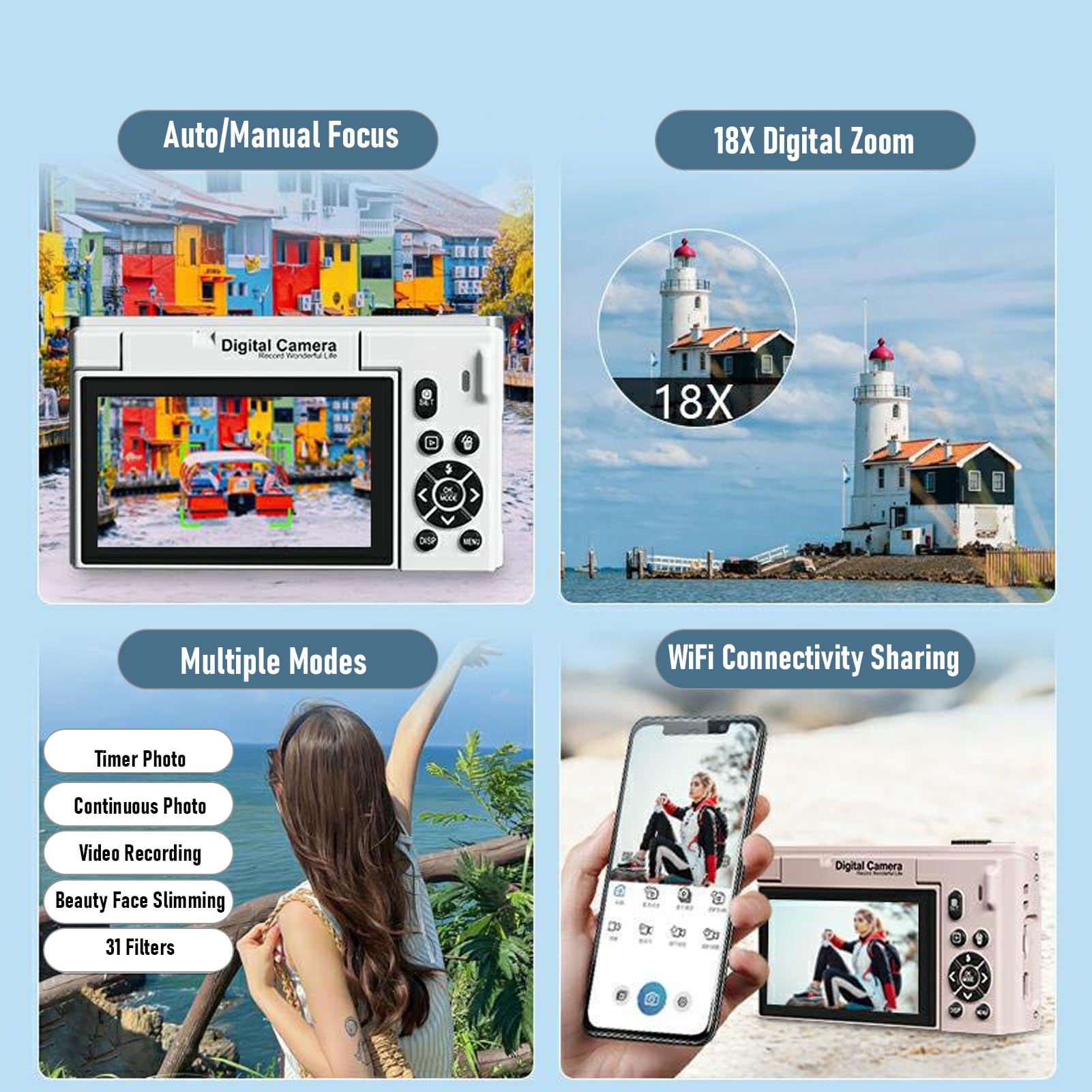 Dpofirs Fotocamera Digitale 4K, Fotocamera Mirrorless WiFi con Zoom 18X con Schermo Ribaltabile da 3 Pollici, Videocamera retrò da 75 MP Versatile per Ritratti Paesaggistici da Viaggio (White)