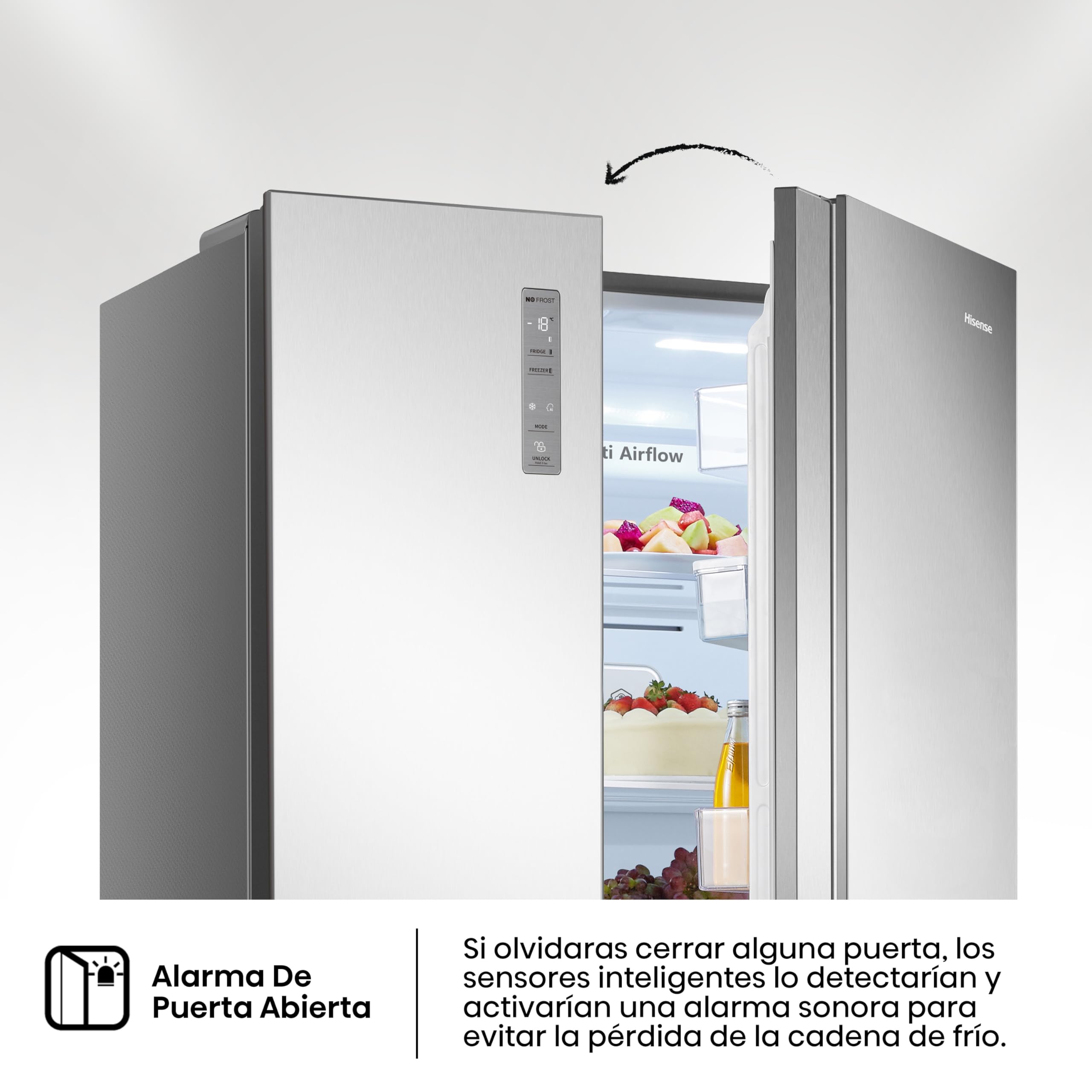Hisense RS677N4ACC - Frigorífico Americano Dos Puertas, Eficiente Clase C, Capacidad 519 L, ALTO 178,6cm x ANCHO 91cm, Multi-Air Flow, Congelamiento Rápido, Cajón Frutas y Verduras, Color Inox