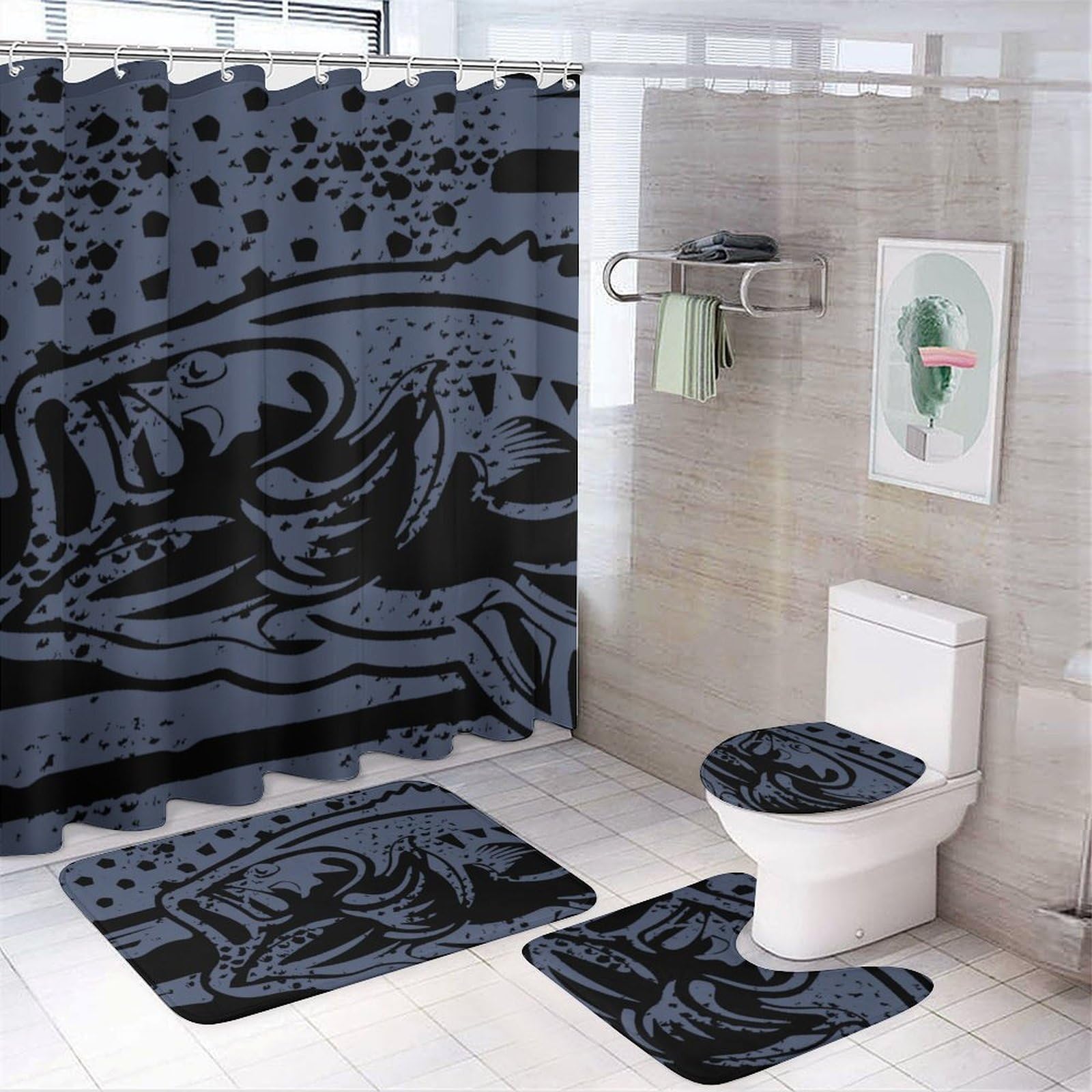 CGSBNGHA US Bass Fishing Flag Shower Curtain Set 4 Piece Bathroom Sets with Rugs Toilet Lid Cover And U-Shaped Floor Mat