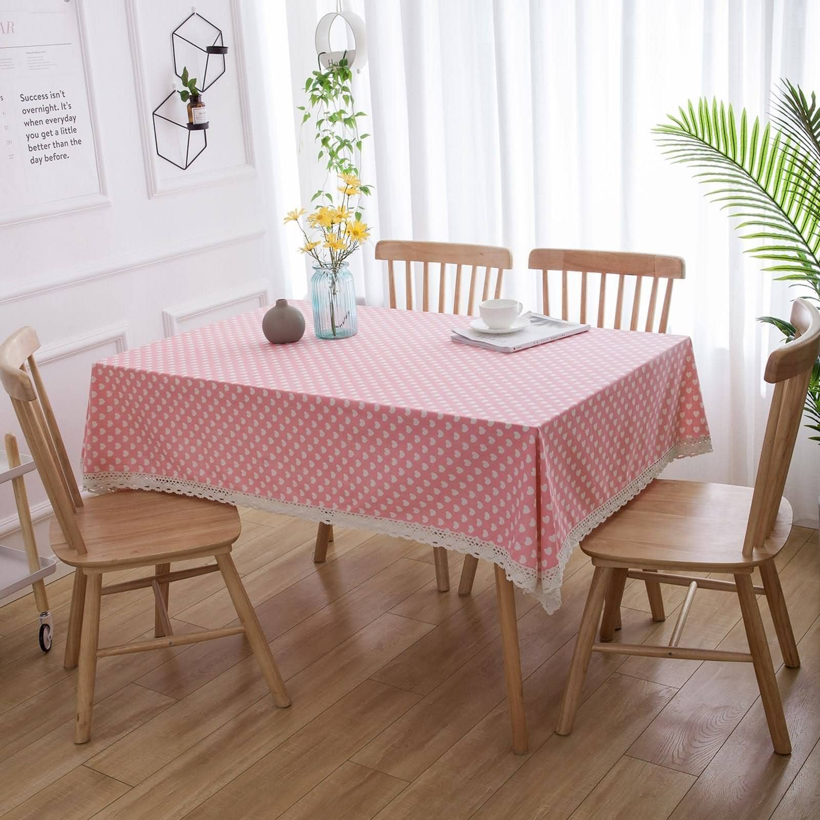 Mantel De Mesa Decorativo Mantelerias Tela Estampado Amor Rosa con Encaje Lavable Rectangular Manteles Algodon Rosado Sabana Protección Decoración 140X250Cm