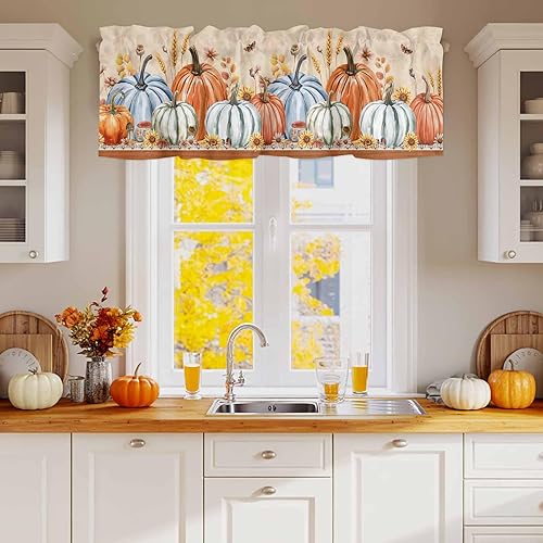 Miniatura 2 de Cortina decorativa de cocina otoñal, cenefas con bolsillo para barra, tratamiento de ventana pequeña para dormitorio, hojas de calabaza, aislamiento