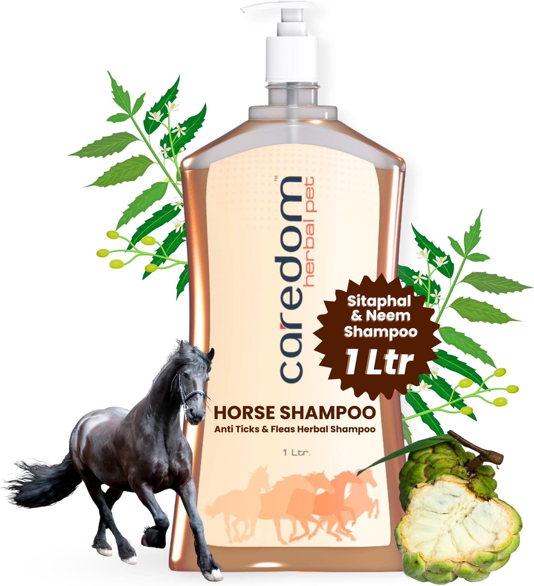 Herbal Pet Horse Shampoo 1 Litre | Sitaphal & Neem Extracts | Herbal Tick & Flea Shield | Outdoor Grooming & Stable Care | Undercoat & Coat Strengthening | Deep Cleansing & Soothing Wash