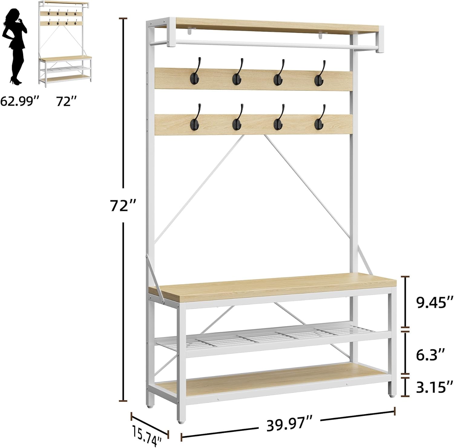 72" Coat Rack Shoe Bench, Industrial Hall Tree Storage Bench for Entryway, Wood Look Accent Large Shoe Rack with Storage Shelf Hanging Bar and 8 Hooks