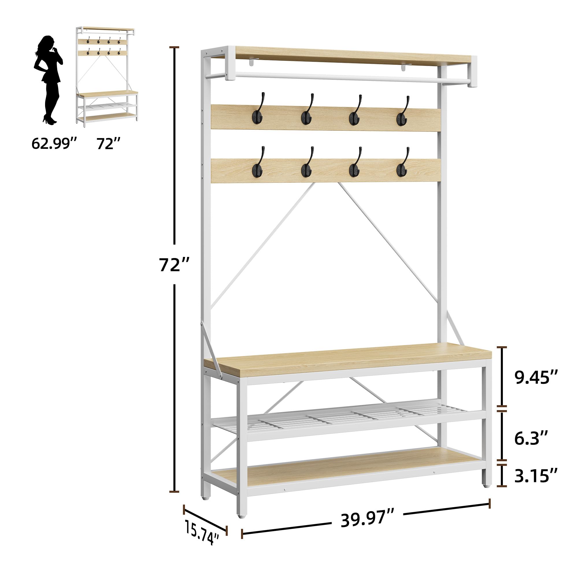 Garderobenständer 4-in-1 Mit Schuhbank, 8 Haken, 101x40x183 cm