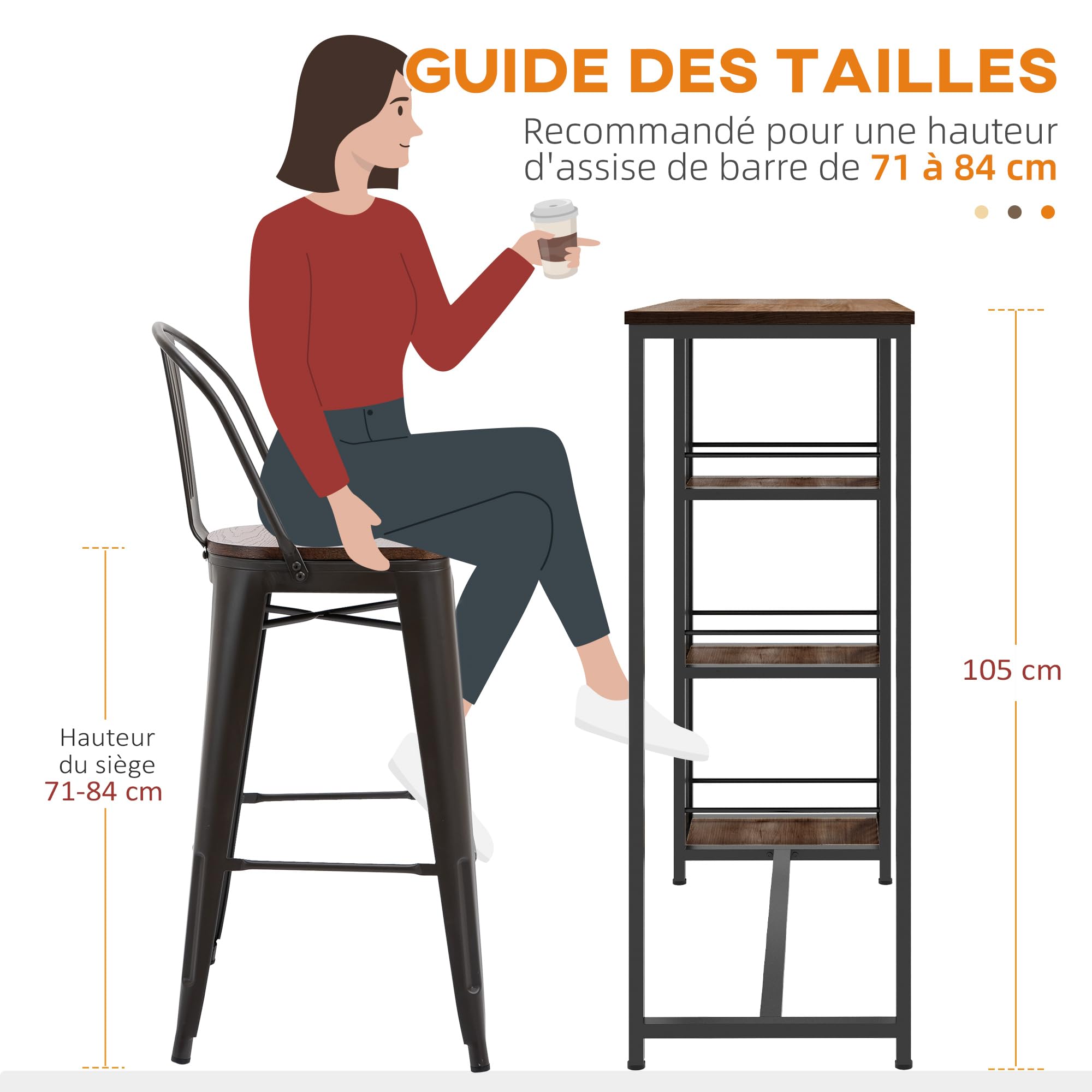 HOMCOM Table de Bar Table Haute de Cuisine Mange-Debout avec étagères - 120 x 40 x 105 cm - piètement Acier Noir Marron