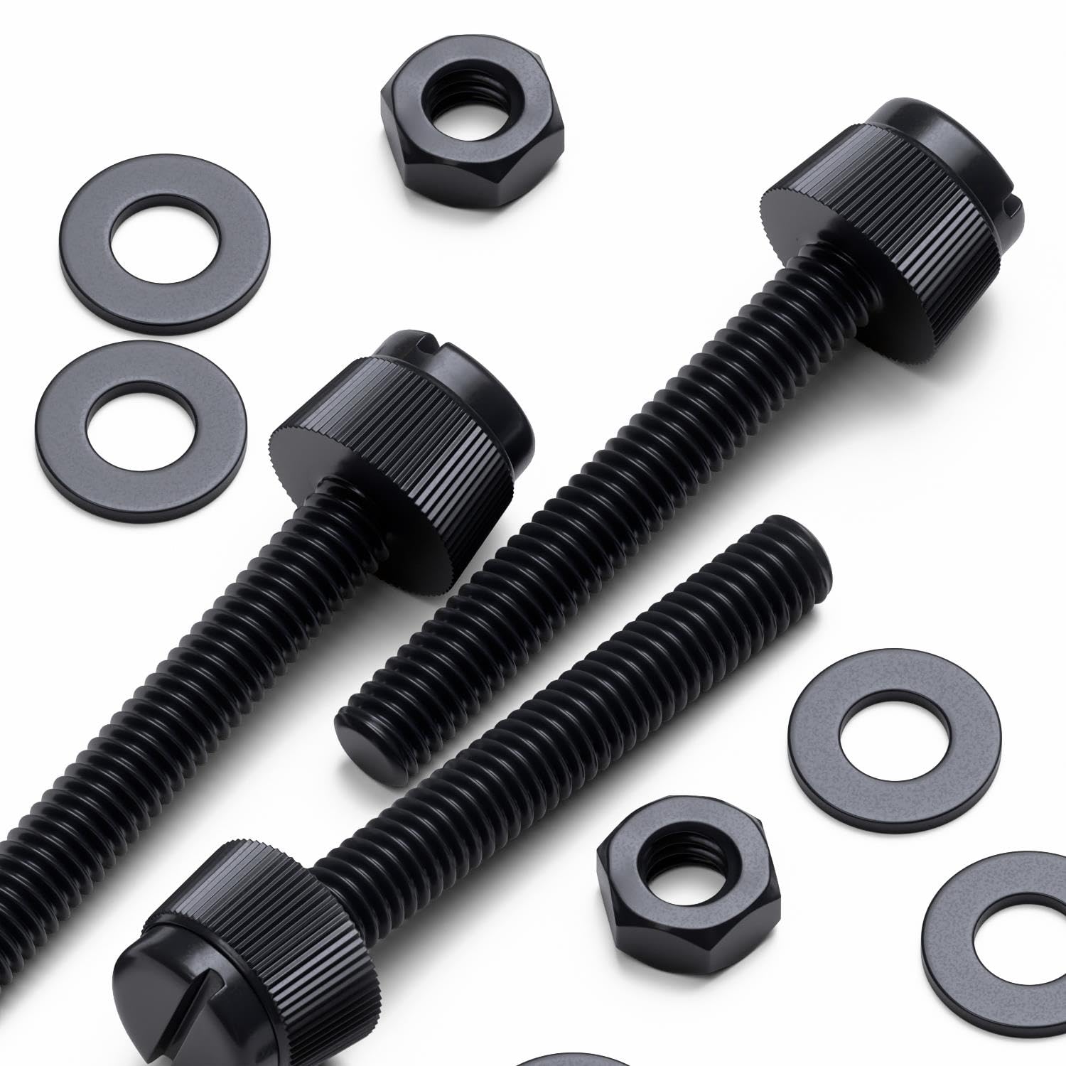 Vis moletées M4 x 30 mm noir en nylon avec boulons, écrous et rondelles pour fixation de précision