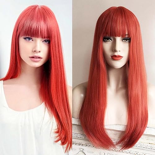 Miniatura 9 de Flequillo recto largo negro natural, pelucas sintéticas de la resistencia al calor para las mujeres 24 pulgadas