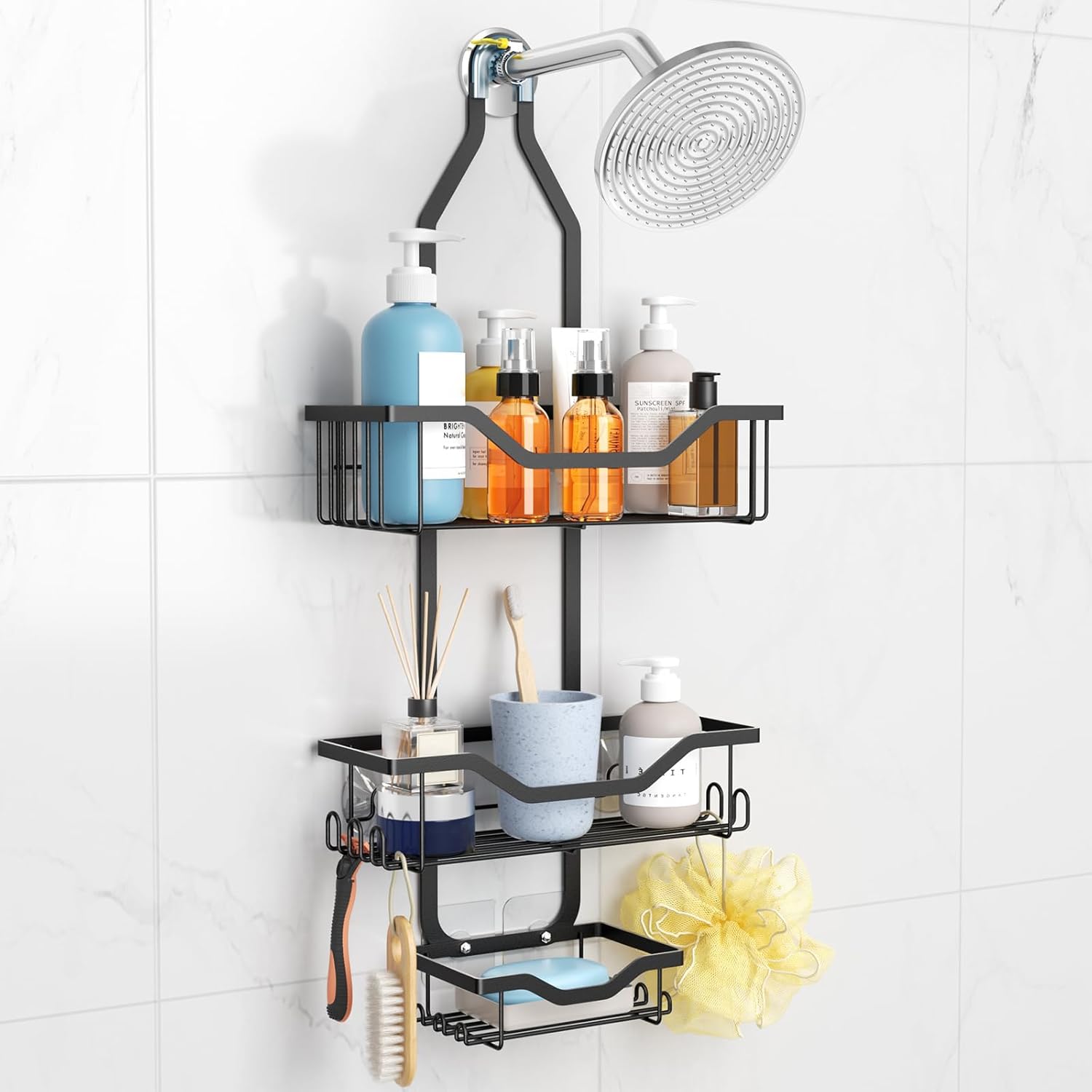 Imncya Shower Caddy Organizer Hanging Shower Shelf Over Showerhead Rustproof No Drilling with Soap Holder and 12 Hooks