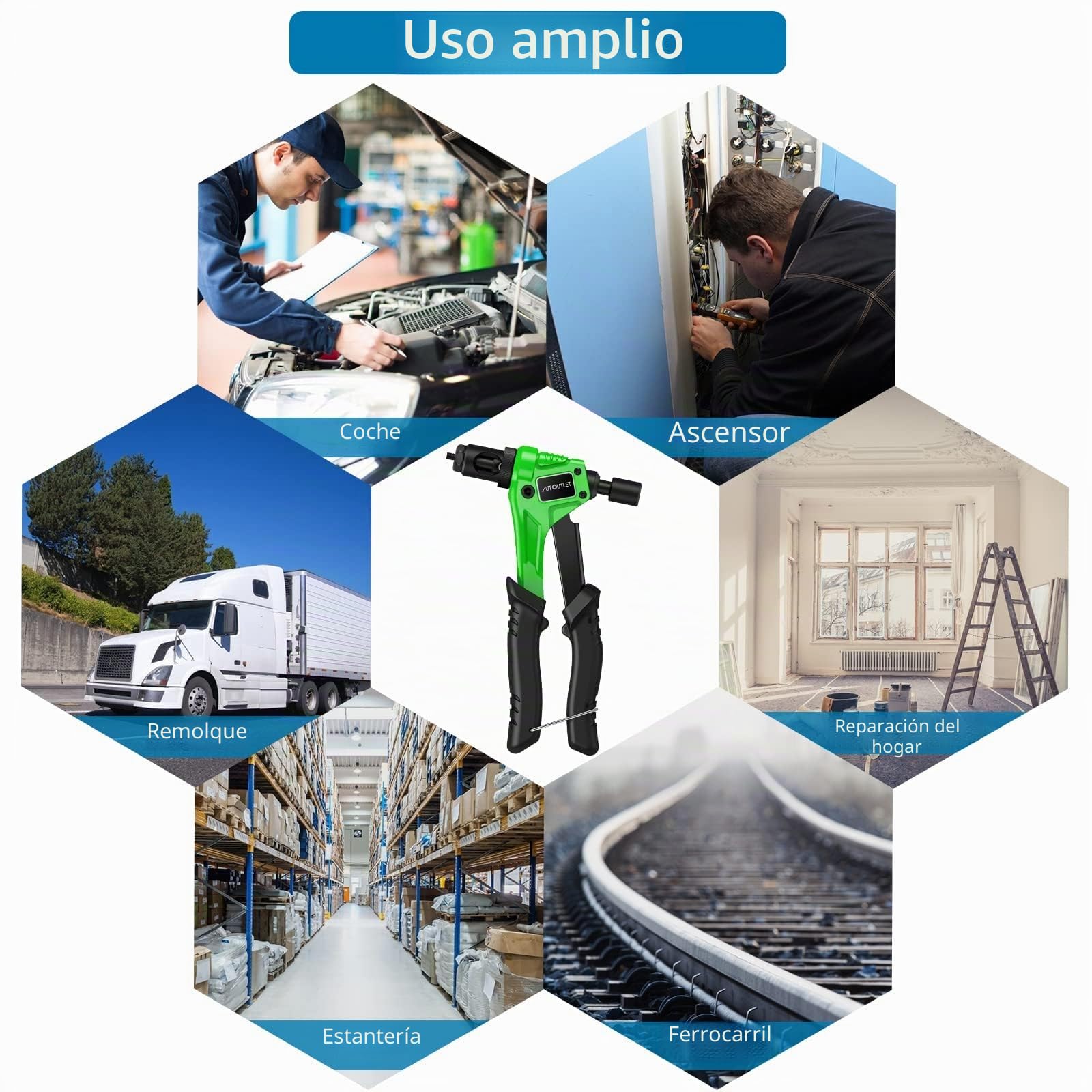 AUTOUTLET Remachadora de Tuercas, 8" Remachadora Manual, con 100PCS Tuercas de Remache, 4 Mandriles Intercambiables M3 M4 M5 M6, Llave Incorporada, Remachadora de Tuerca Profesional - Verde