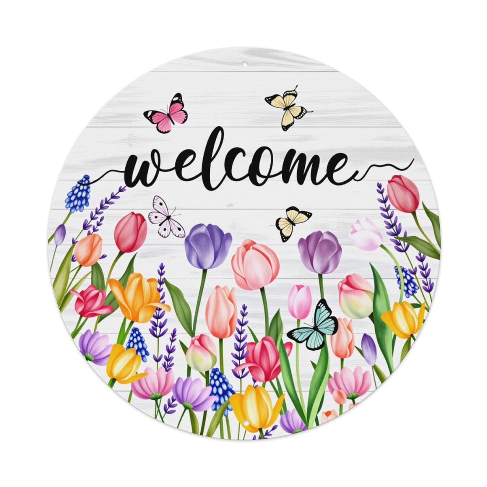Floral Welcome Butterflies Tulips Spring Round Tin Sign Vintage Metal Poster Retro Bar, Home, Man Cave, Kitchen, Laundry Room Wall Art Decor Gift 8x8Inch