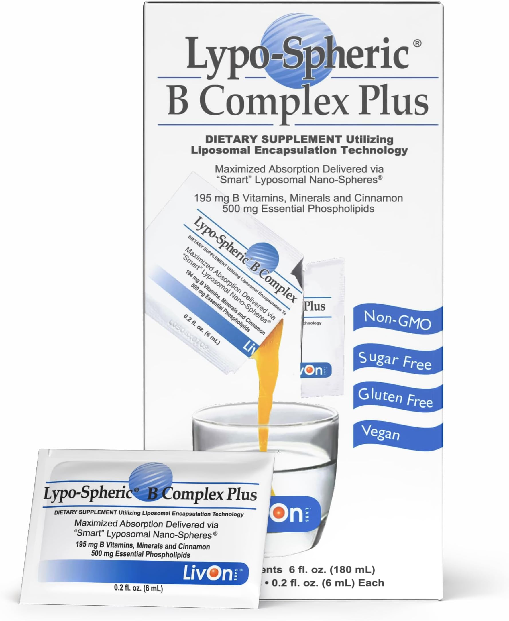 Lypo-Spheric Lypo Spheric B Complex Plus 194 Mg B Vitamins Minerals & Cinnamon Per Packet Liposome Encapsulated For Improved Absorption 100% Non Gmo 30 packets