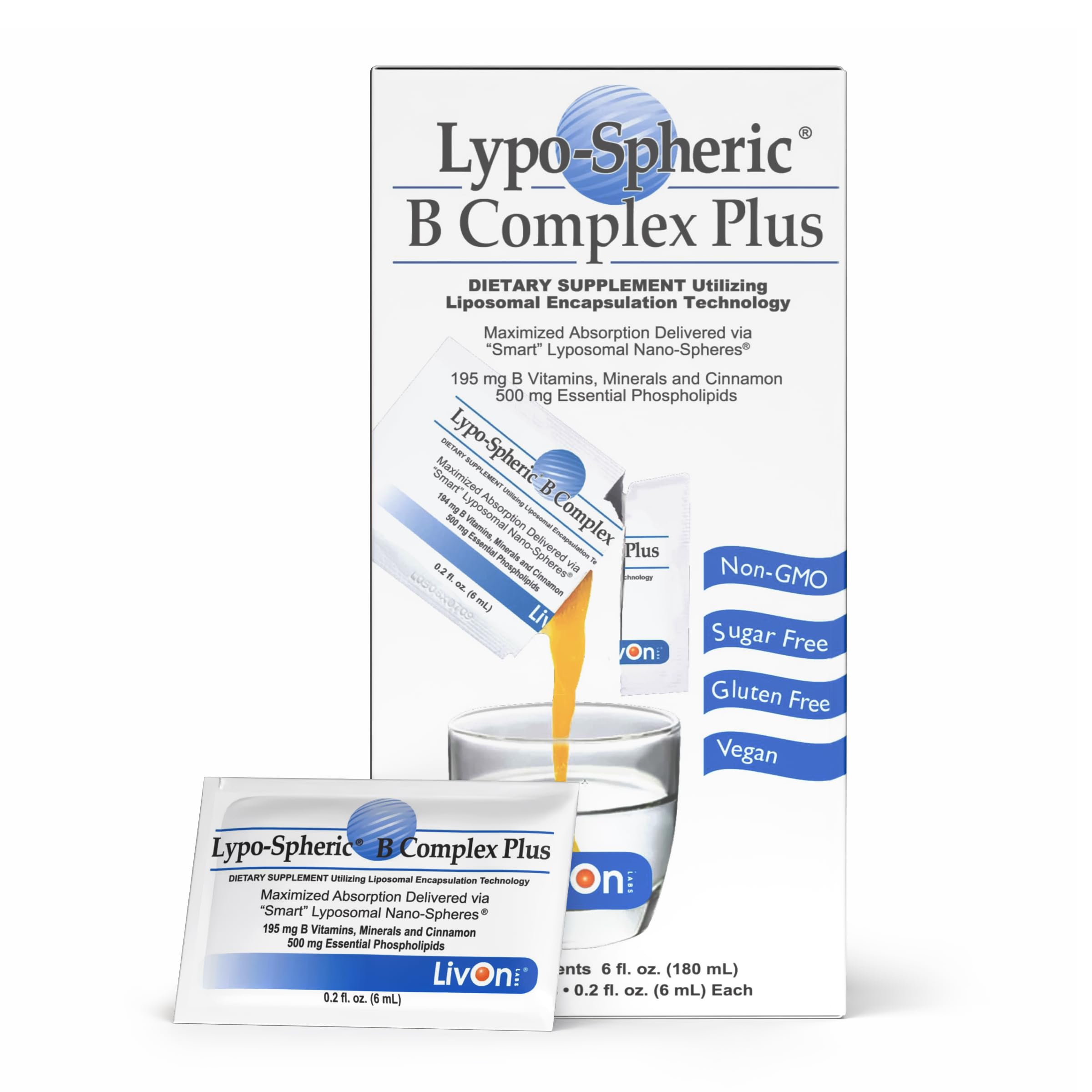 LivOn LaboratoriesLypo-Spheric Lypo Spheric B Complex Plus 194 Mg B Vitamins Minerals & Cinnamon Per Packet Liposome Encapsulated For Improved Absorption 100% Non Gmo 30 packets