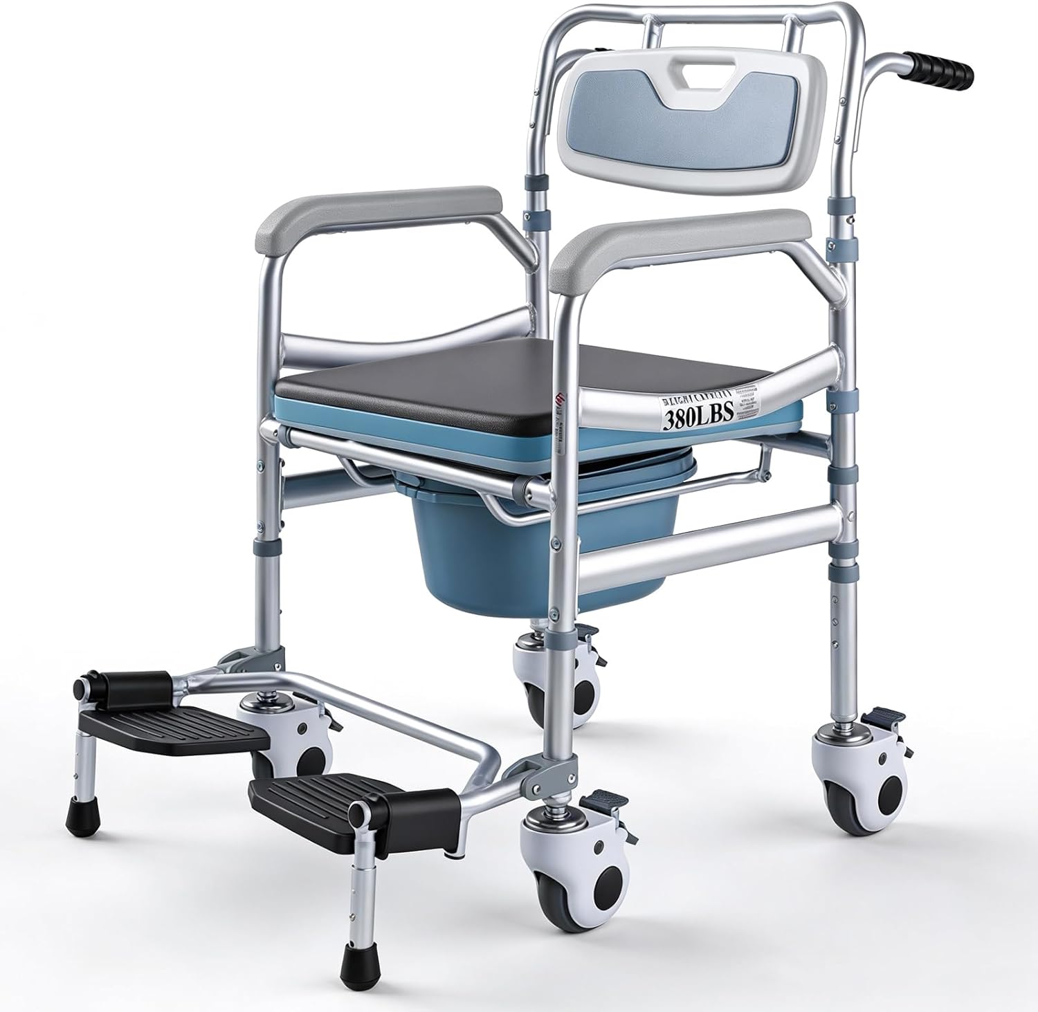 4-in-1 Rolling Bedside Commode & Adjustable Raised Toilet Seat, Mobile Shower Chair with Handles for Elderly, Disabled & Pregnant, 380 lbs Capacity