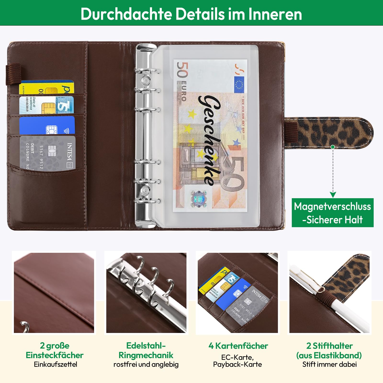 KONVINIT Budget Binder A6,Carpeta de Cuaderno con Sistema de Sobres de Efectivo, Carpeta de Cuaderno,Organizador de Dinero Carpeta de PU para Regalos