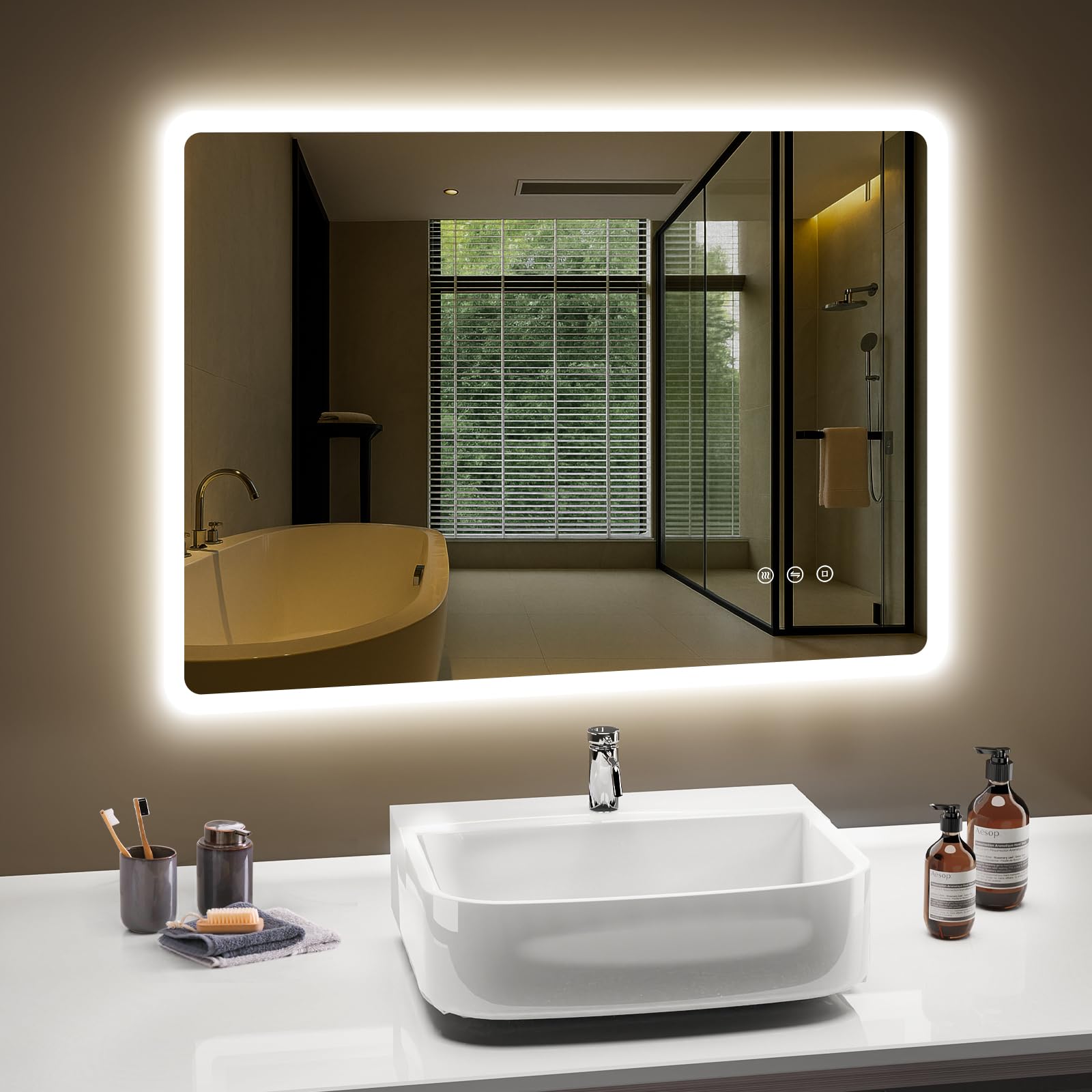PESENXAN 80x60 cm LED Badspiegel mit Beleuchtung – Dimmbare, Antibeschlag, 3 Lichtfarben, IP44, Speicherfunktion, Horizontale/Vertikale Montage