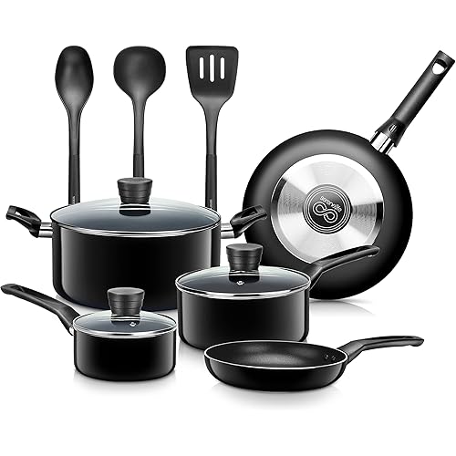 SereneLife Kitchenware Pots & Pans Basic Kitchen Cookware, Black Non-Stick Coating Inside, Heat Resistant Lacquer (11-Piece Set), SLCW11BLK-Black