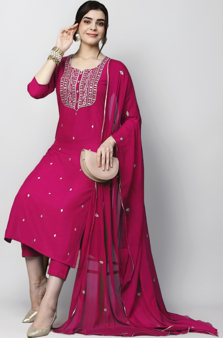 GoSriKi Women’s Cotton Blend Embroidered Kurta Set with Pant & Dupatta – Straight Calf‑Length, 3/4 Sleeve, Round Neck – Elegant Ethnic Attire (5 Colors, S–5XL)