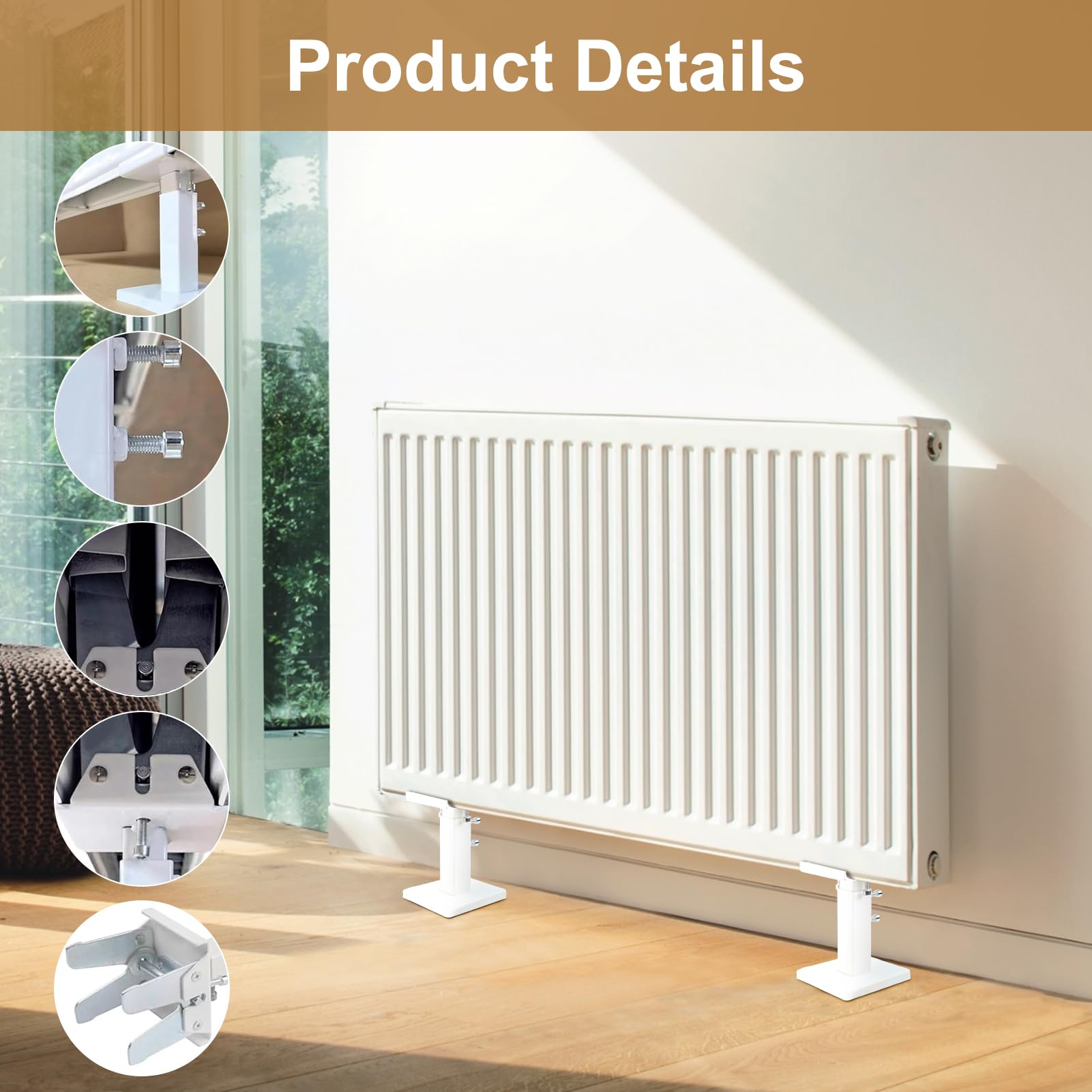 Kit de pieds de radiateur à montage au sol, supports de radiateur réglables en acier, kit de pieds de montage au sol, blanc + argent