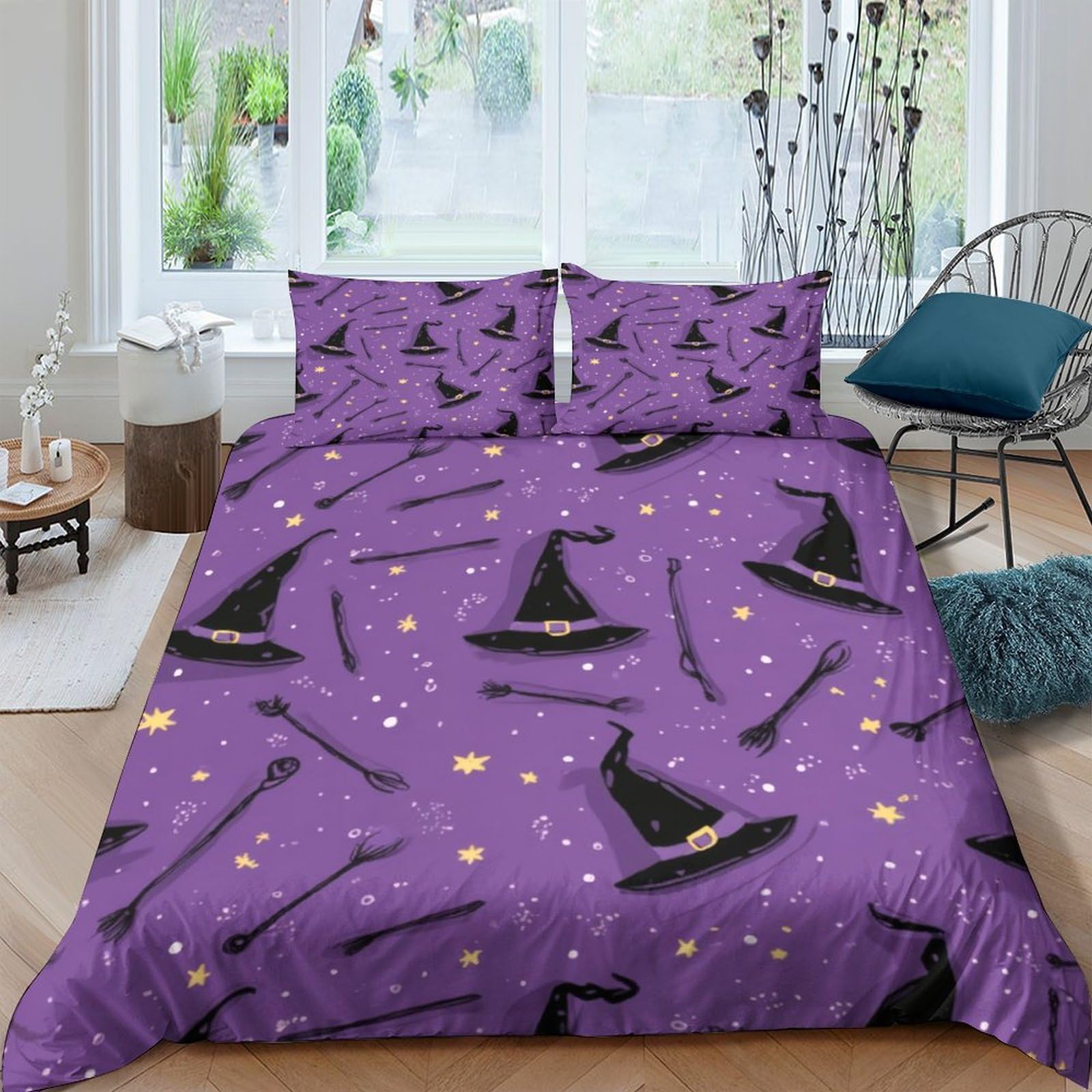 TUFRTGYHN 3D Printed Purple Witch Hat Duvet Cover Set Microfiber Soft Breathable Halloween Bedding Set with 2 Pillowcases for Bedroom Single（135x200cm）