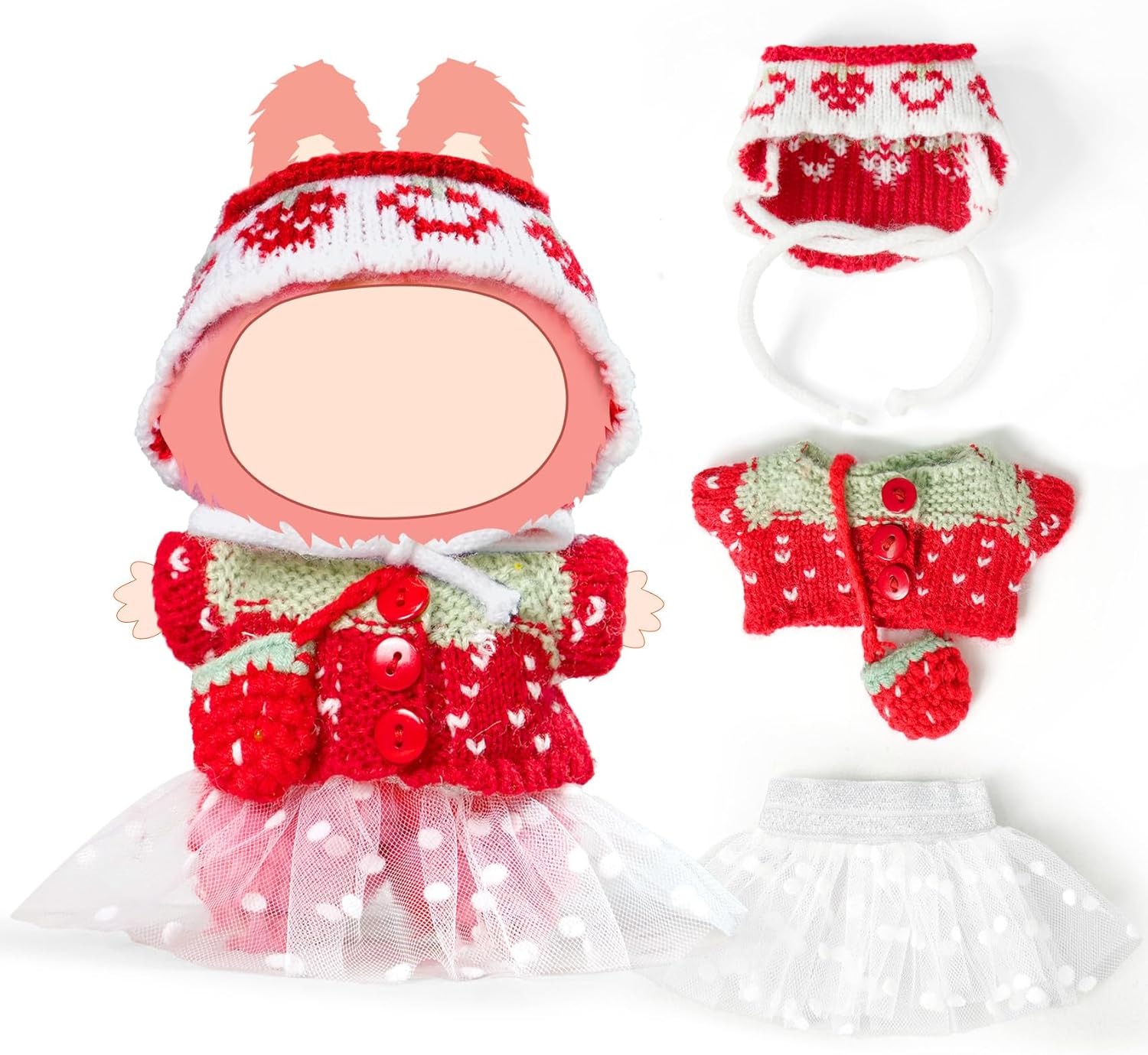 17cm Doll Clothes Set-Handcrafted Crochet Outfit Accessories for 5.91-6.7inch Dolls-Hand Crocheted Hat+Strawberry Sweater+White Dress+Bag(NO Doll)