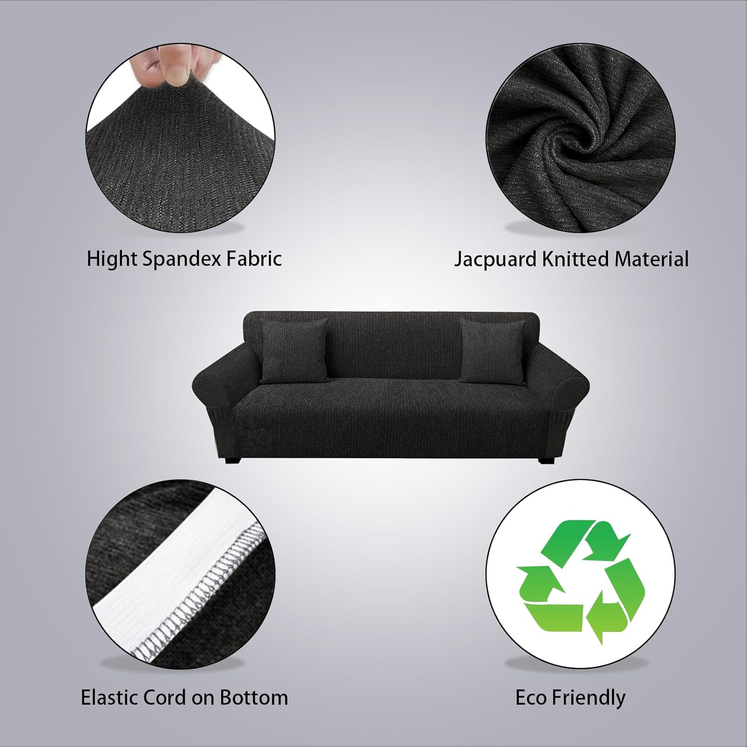 Sofa Slipcover with 2 Pillow Cover for 3 Cushion Couch, Non Slip Furniture Protector with Elastic Bottom, Washable Oversized Sofa Cover for Kids, Pets (Oversized Sofa, Black)