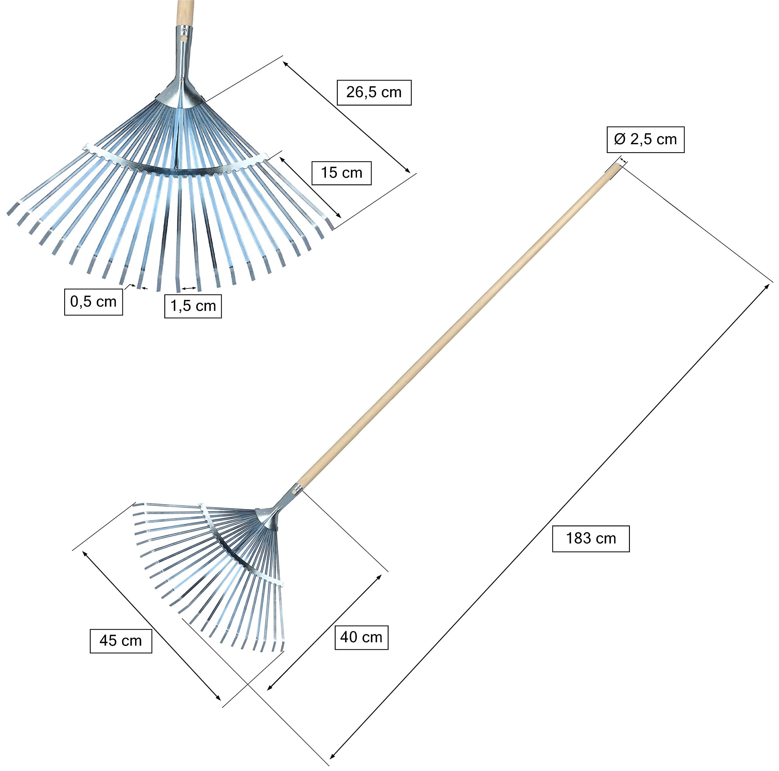KOTARBAU® Rastrillo Jardín - Acero - 45 cm - Regulable - Rastrillo Hojas Jardín - con Mango 183 cm - Herramienta Robusta para Jardinería - Plateado y Madera Natural