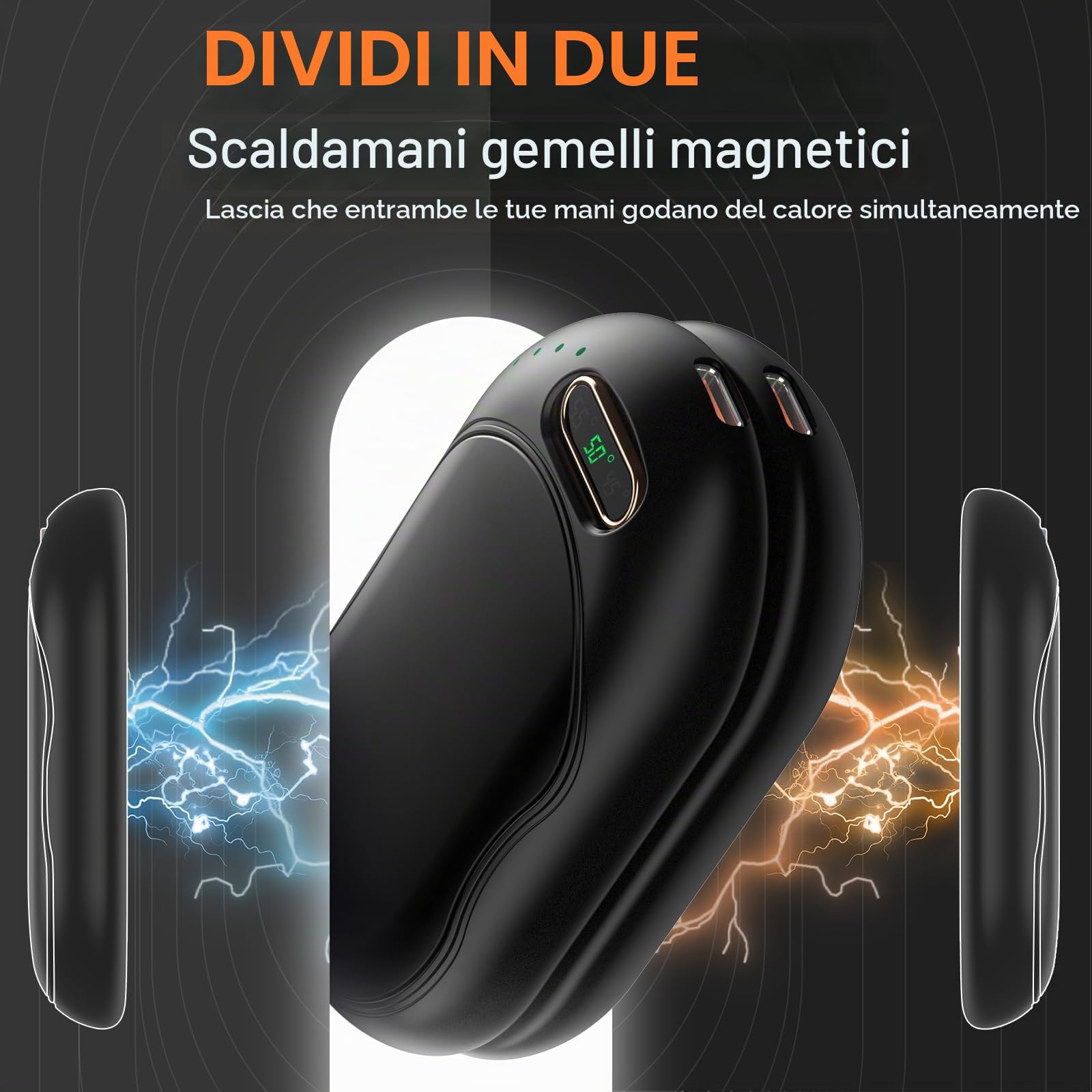 Scaldamani Ricaricabile 5000mAh Scaldamani Elettrico Magnetico Divis Riutilizzabile Scalda Mani Elettrici 3 Livelli di Riscaldamento Fino a 55℃ per Sport all'Aria Aperta e Regalo Invernale (Nero)
