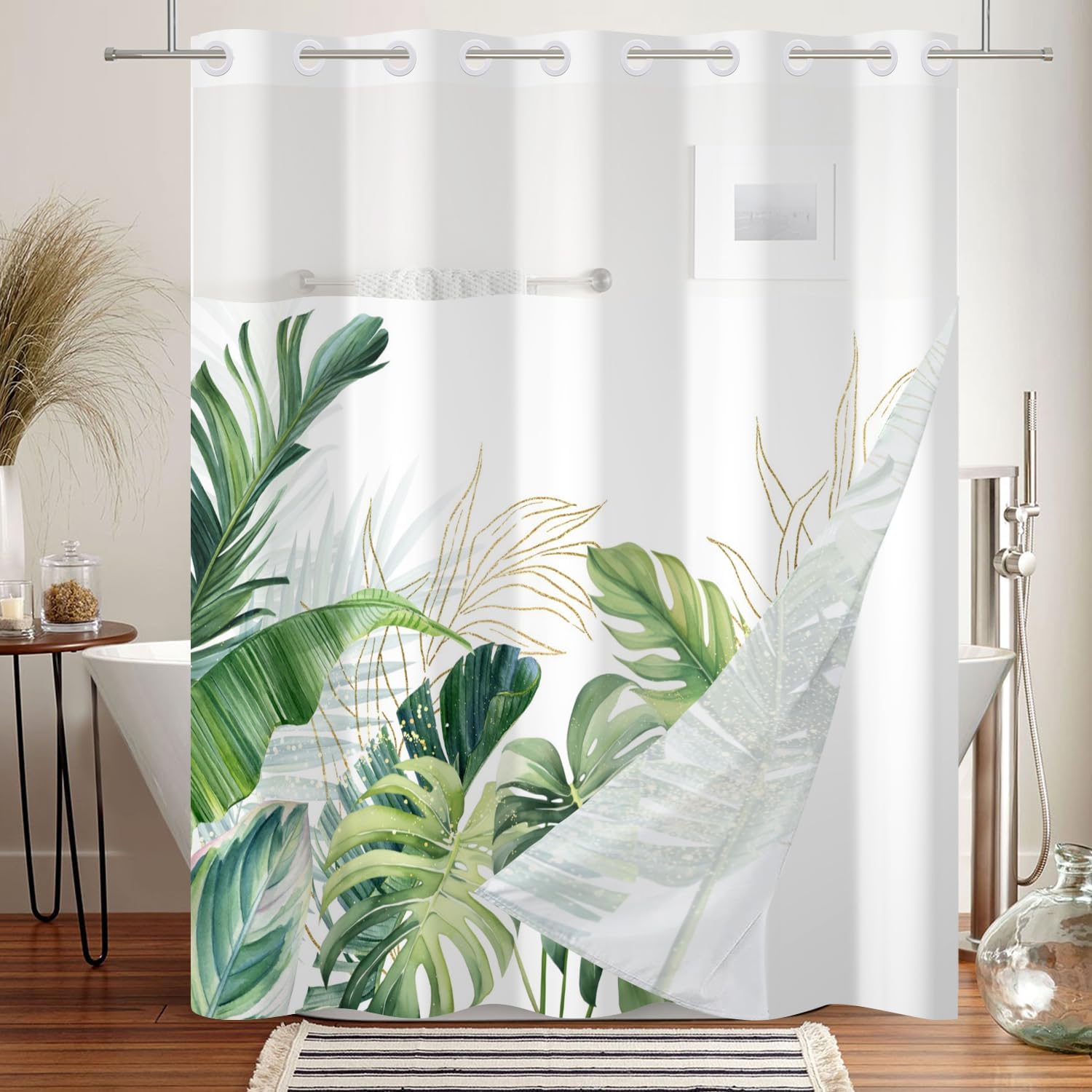 No Hook Shower Curtain Tropical Palm Leaf Shower Curtain with Snap in Liner Set Modern Green Plants Jungle Bathroom Curtains Double Layers Washable 71x74 Inch
