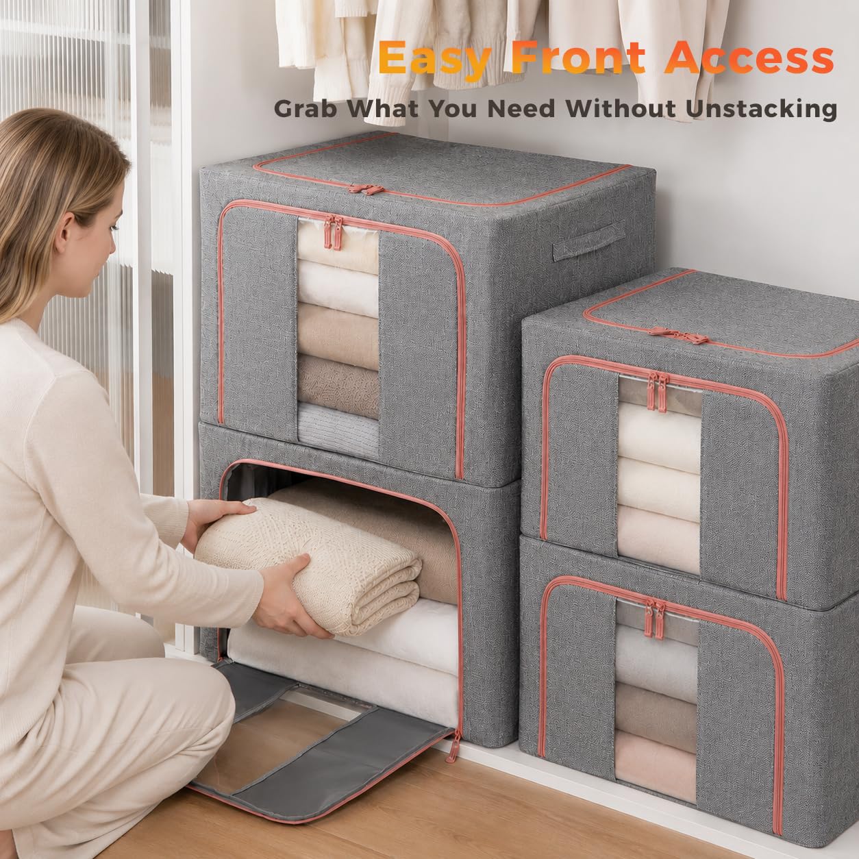 3 contenitori per vestiti, 66 l, grigi, con struttura in metallo, pieghevoli, in tessuto, organizer per vestiti, con aperture impilabili, con coperchio, finestre trasparenti, cerniere, manici