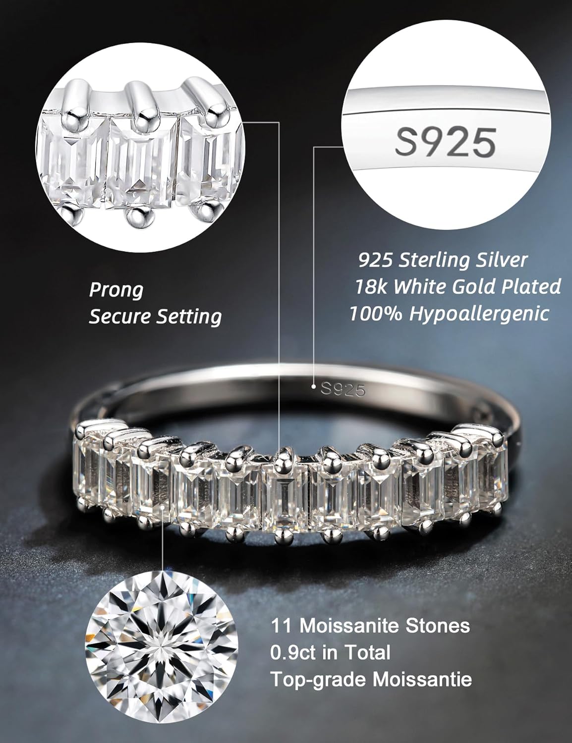 IMOLOVE Moissanite Wedding Bands for Women, Trendy 0.9 Carat Sterling Silver Stackable Baguette Rings Fashion Moissanite Eternity Rings for Women with 18K White Gold Plated Size 5-10