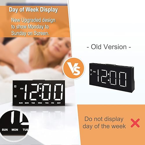 Miniatura 3 de Reloj despertador digital con pantalla grande, números grandes y llamativos, atenuador, 2 puertos de carga USB, repetición, reloj de mesa pequeño