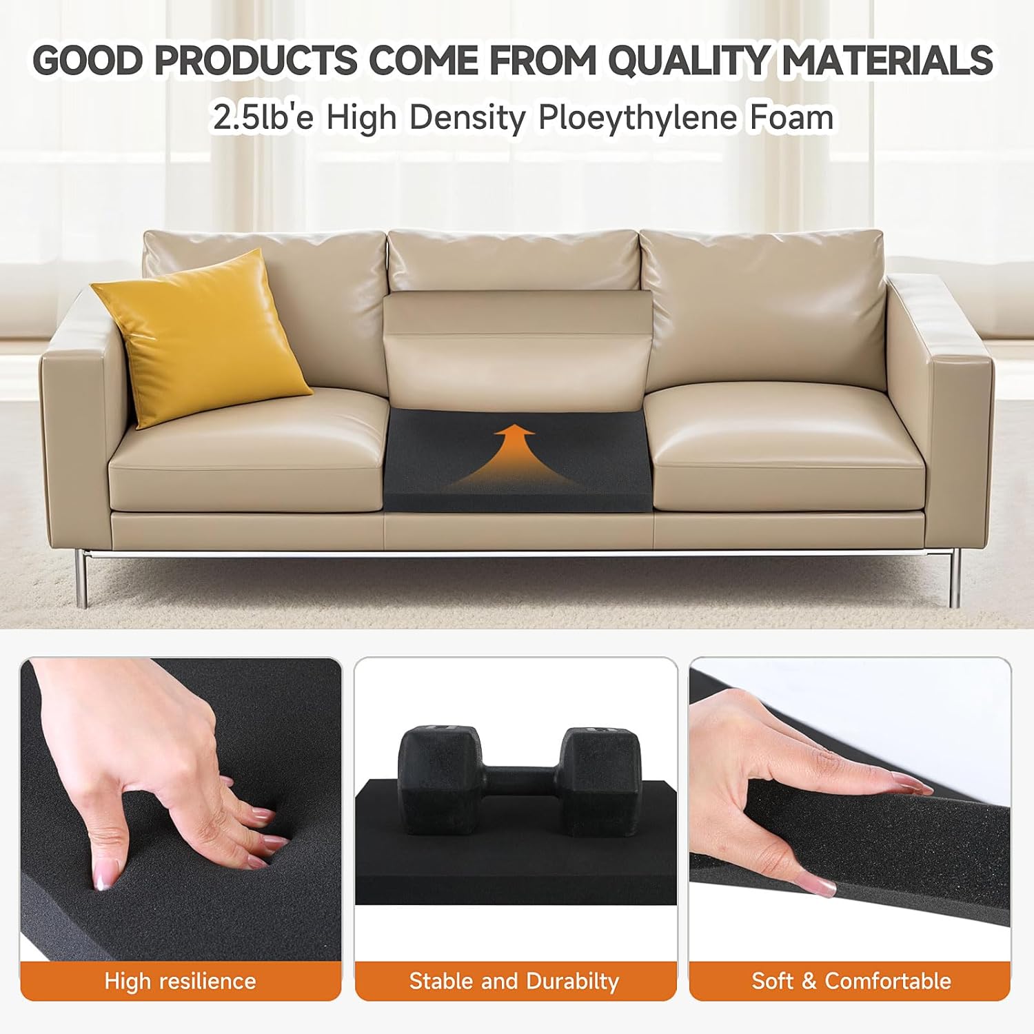 22"x22" Couch Cushion Support 40D, Couch Supports for Sagging Cushions, High Density Foam Couch, Sofa Cushion Support for Sagging Seat, Black (3PCS)
