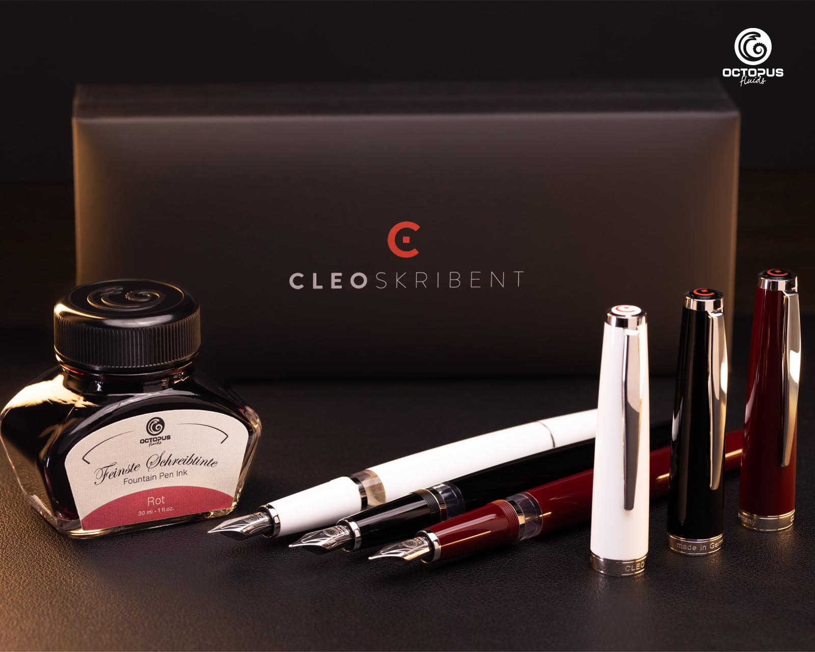 Octopus Cleo Skribent Classic Palladium, zestaw piór wiecznych, pióro tłokowe, pióro M i tusz 30 ml, czerwony