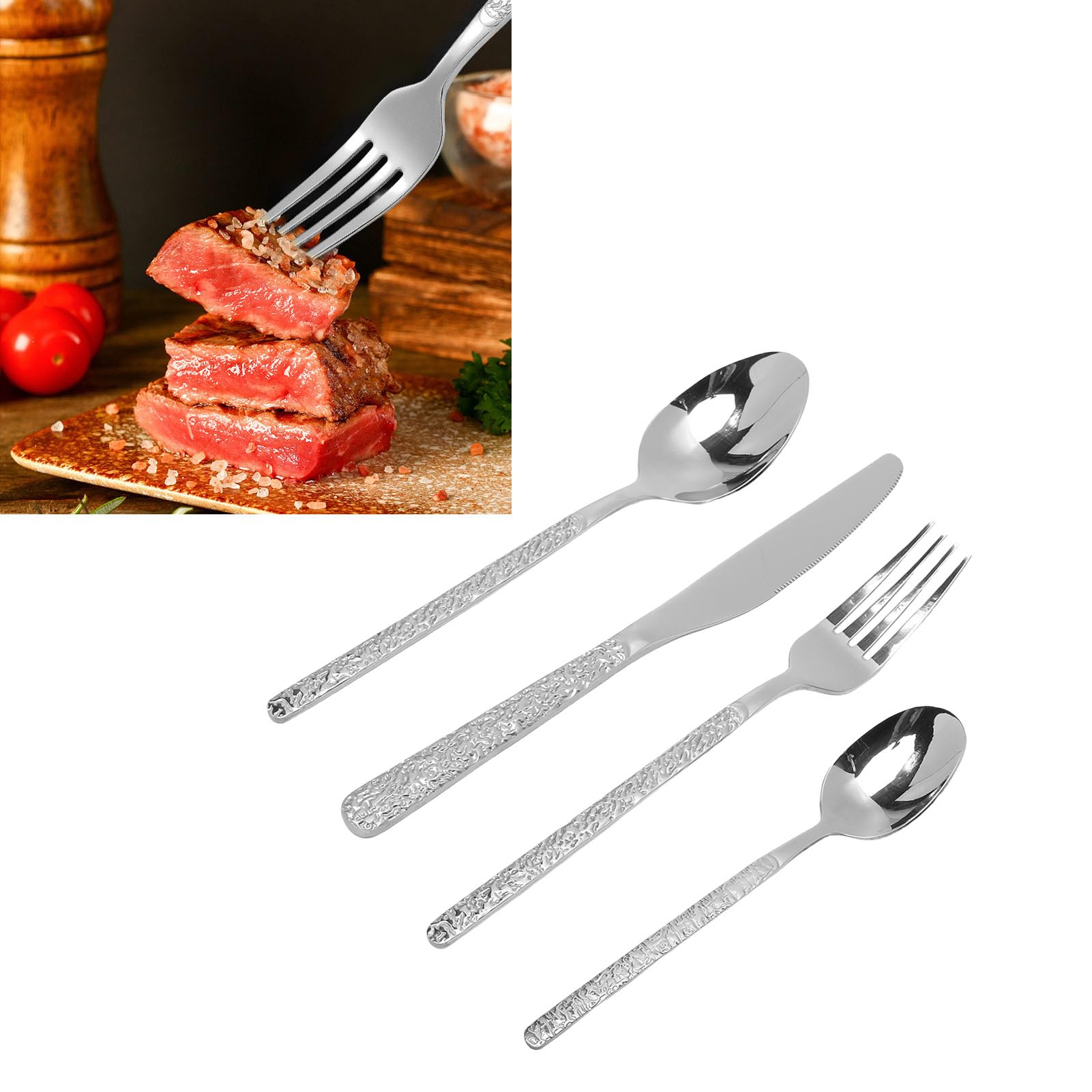 Pissente Juego de Cubiertos de 24 Piezas, Cubiertos de Acero Inoxidable con Patrón Martillado, Perfecto para Cenar en Casa (SILVER)