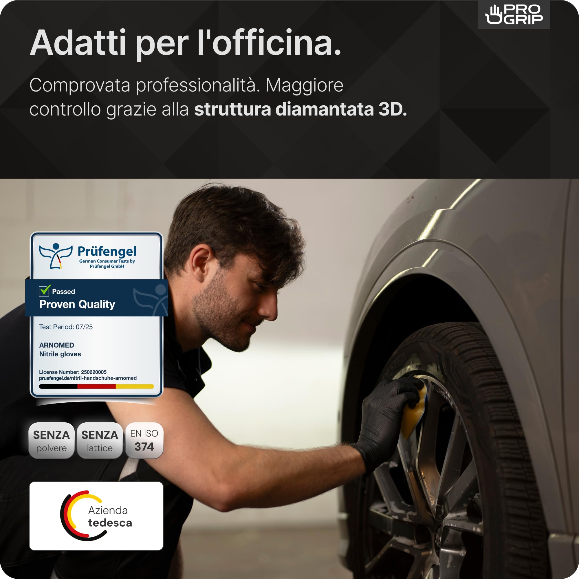 50x PROGRIP Guanti nitrile L Nero [Extra resistenti], Guanti monouso plastica, 2x più spessi, con finitura diamantata, Guanti in nitrile per industria e montaggio, guanti lavoro