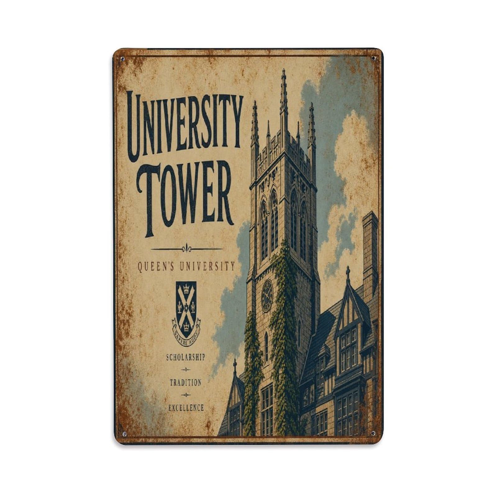 Belfast Gothic College Library Historic Tower Metal Tin Sign Plaque Wall Decor for Cafe, Man Cave, Club Bar, Office, Home Garden Round Metal Poster 8x12Inch