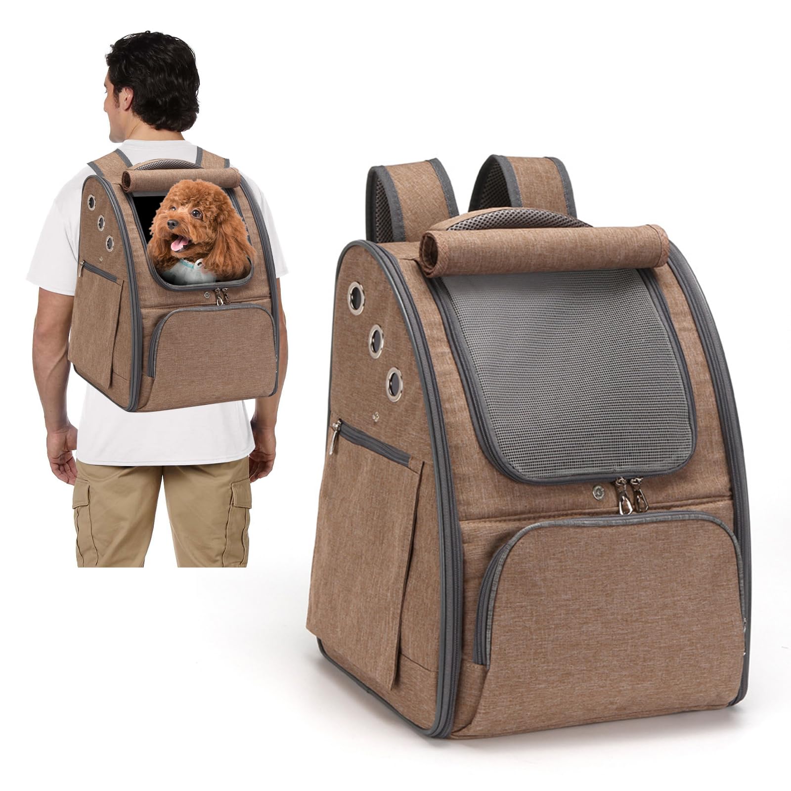 PETCUTE Transportin Gato Mochila Perro Pequeños Bolsa para Transportar Gatos Transpirable Viaje Mochila para Llevar Perros Gato Marrón