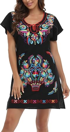 YZXDORWJ Women Mexican Embroidered Fiesta Dress V Neck Dress Short Sleeve