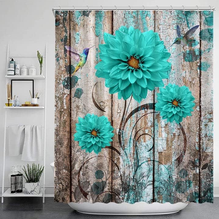 Rustic Farmhouse Floral Shower Curtain Teal Dahlia Flowers Hummingbirds