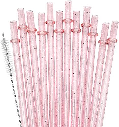 ZHOMA Paquete de 12 pajitas de plástico reutilizables con purpurina, vaso duro de 11 pulgadas de largo con cepillo de limpieza, apto para