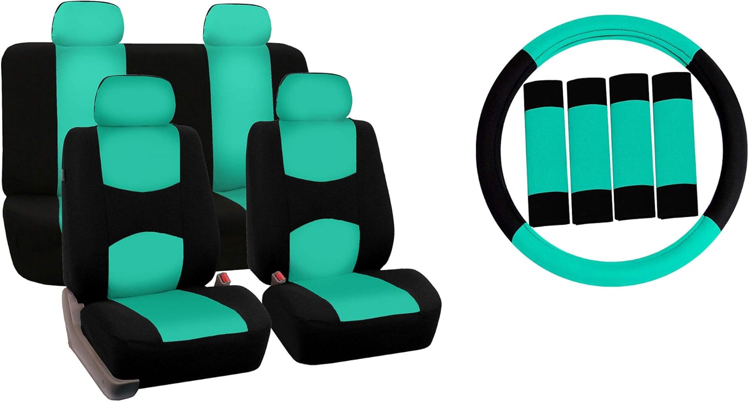 FH Group Car Seat Covers Flat Cloth Automotive Mint Full Set, Rear Solid Bench Universal Fit Combo Steering Wheel Cover & Seat Belt Pads Car Seat Protector for Cars Trucks SUV Interior Accessories