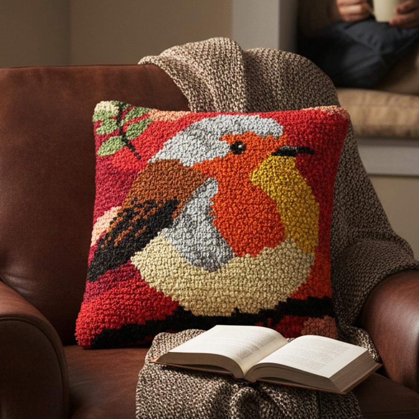 Xqzbmt Robin Cushion Latch Hook Cushion Kits for Adults Beginners, Pre-Printed Canvas DIY Embroidery Cushion Cover, 17x17in Rug Making Kit Home Sofa Festive Decor & Gift